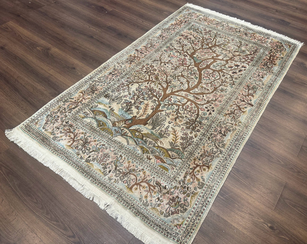 Indian Kashmiri Silk Rug 4x7, Tree of Life Design, Very Fine 380 KPSI, Birds