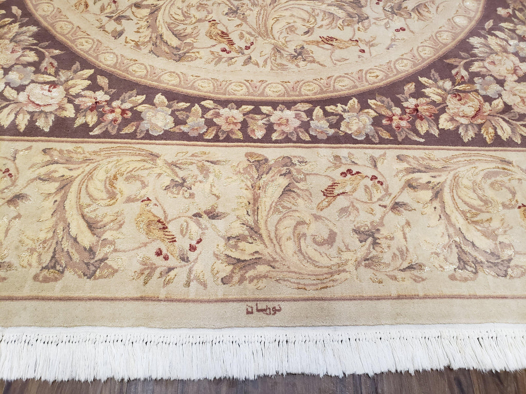 Chinese Aubusson Savonnerie Area Rug 8x12, Vintage 120 Line Carpet, Wool and Silk Hand-Knotted, Birds Flowers Master Weaver Signature