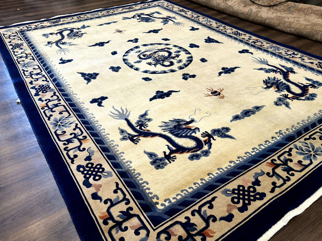 Chinese Dragon Peking Rug 8 x 11.6, Ivory and Blue, Chinese Wool Rug, Vintage