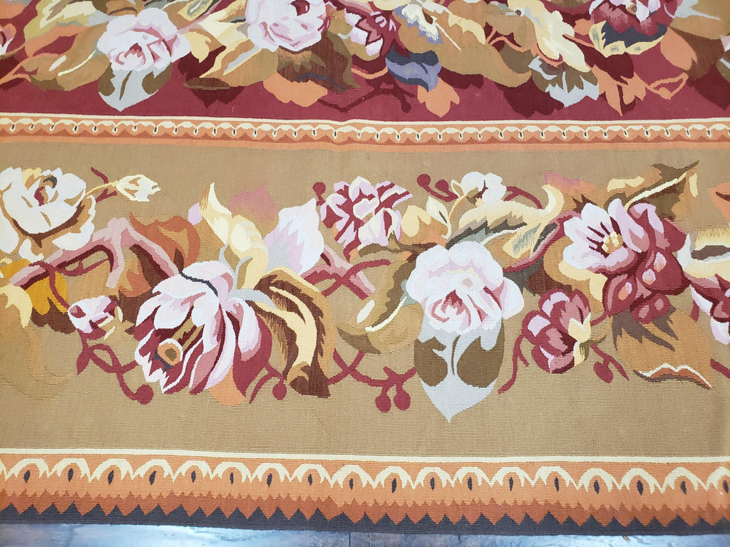 Vintage Chinese Aubusson Savonnerie Flat Pile Rug 9.9 x 14.5 Wool Handwoven Red & Khaki Large Flowers Rug 9x14 - 10x15 Michaelian Kolhberg