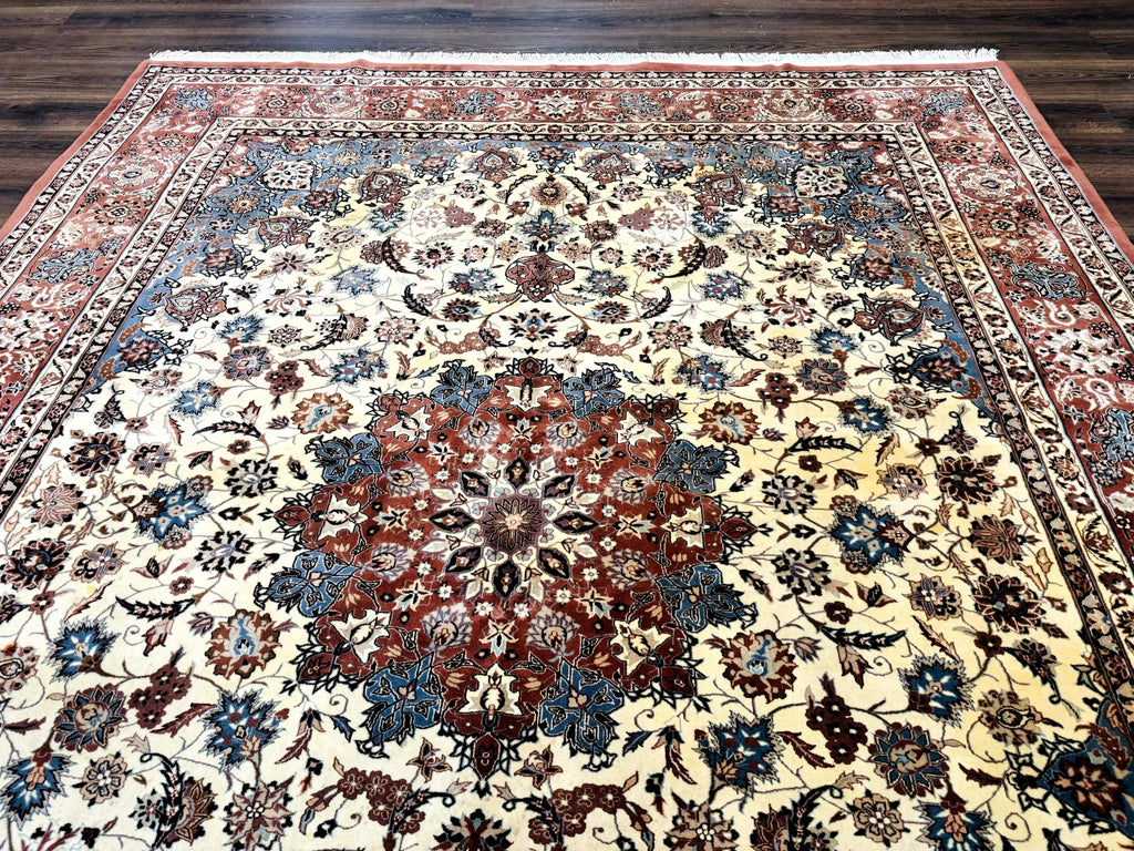 Persian Rug 8x10, Sino Persian Floral Medallion Carpet, Traditional Wool Area Rug, Cream and Brick Red, Fine 210 KPSI