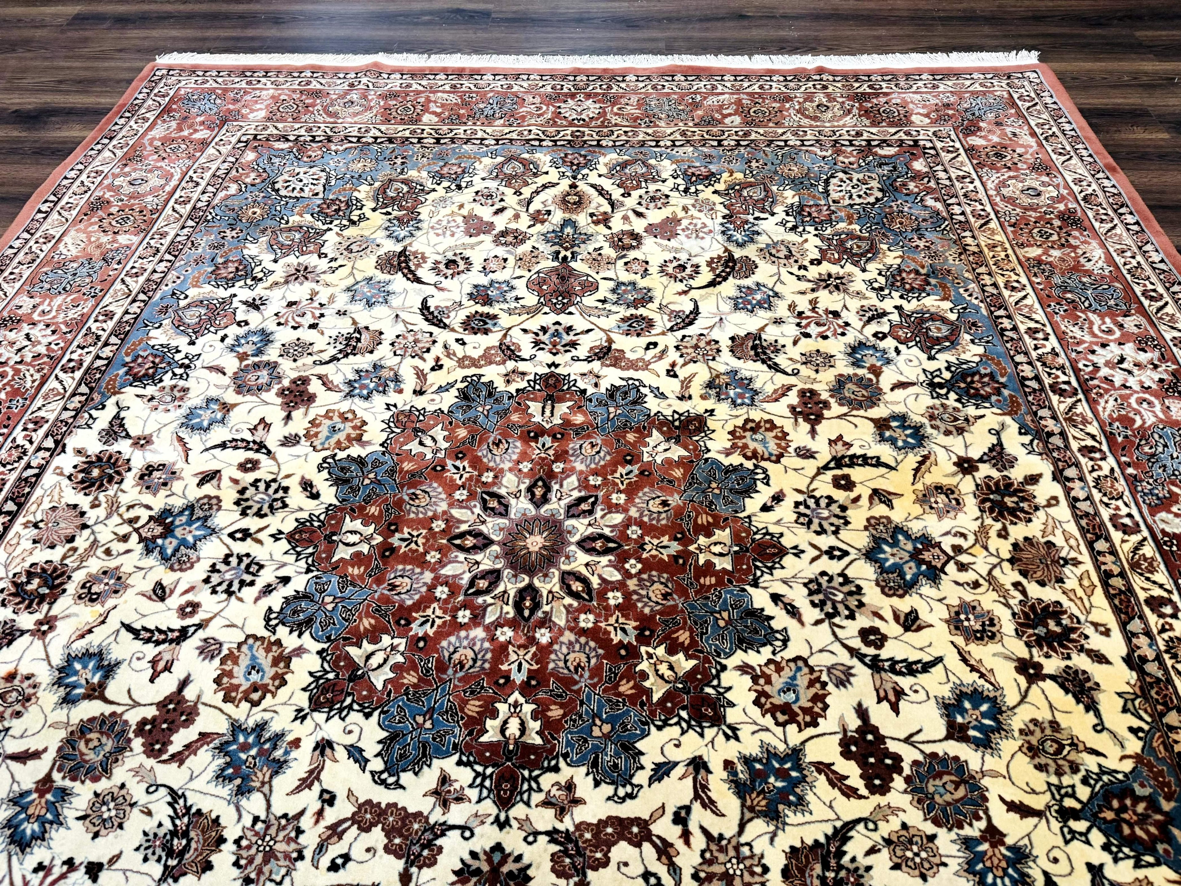 Persian Rug 8x10, Sino Persian Floral Medallion Carpet, Traditional Wool Area Rug, Cream and Brick Red, Fine 210 KPSI