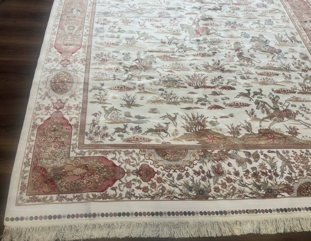 Large Turkish Silk Rug 8x10, Ivory, Hunting Design, Bamboo Silk, New