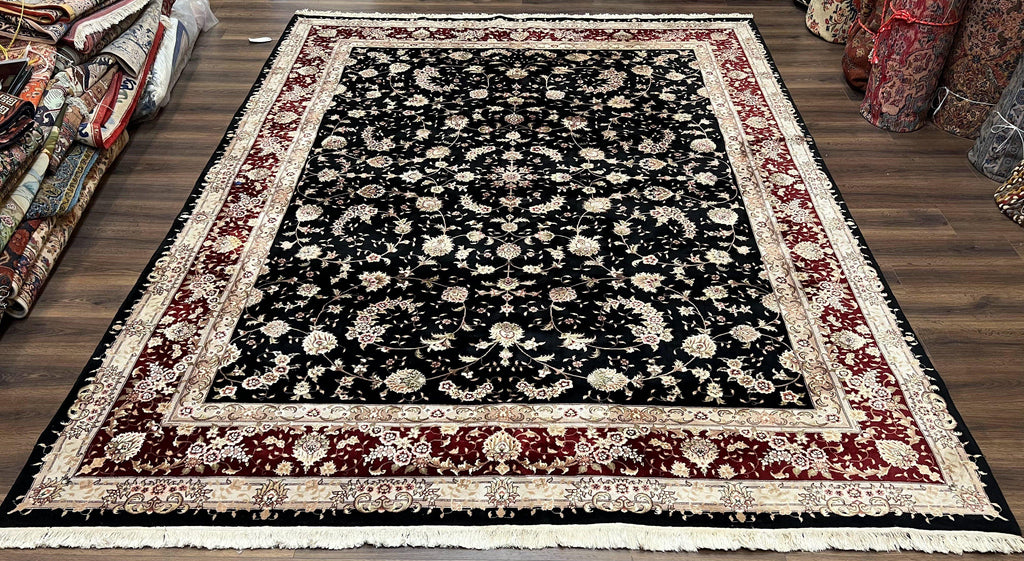 Sino Persian Rug 9x12, High Quality Oriental Carpet, Black and Maroon, Wool and Silk, Allover Floral Pattern, Hand Knotted, Vintage Rug Nice