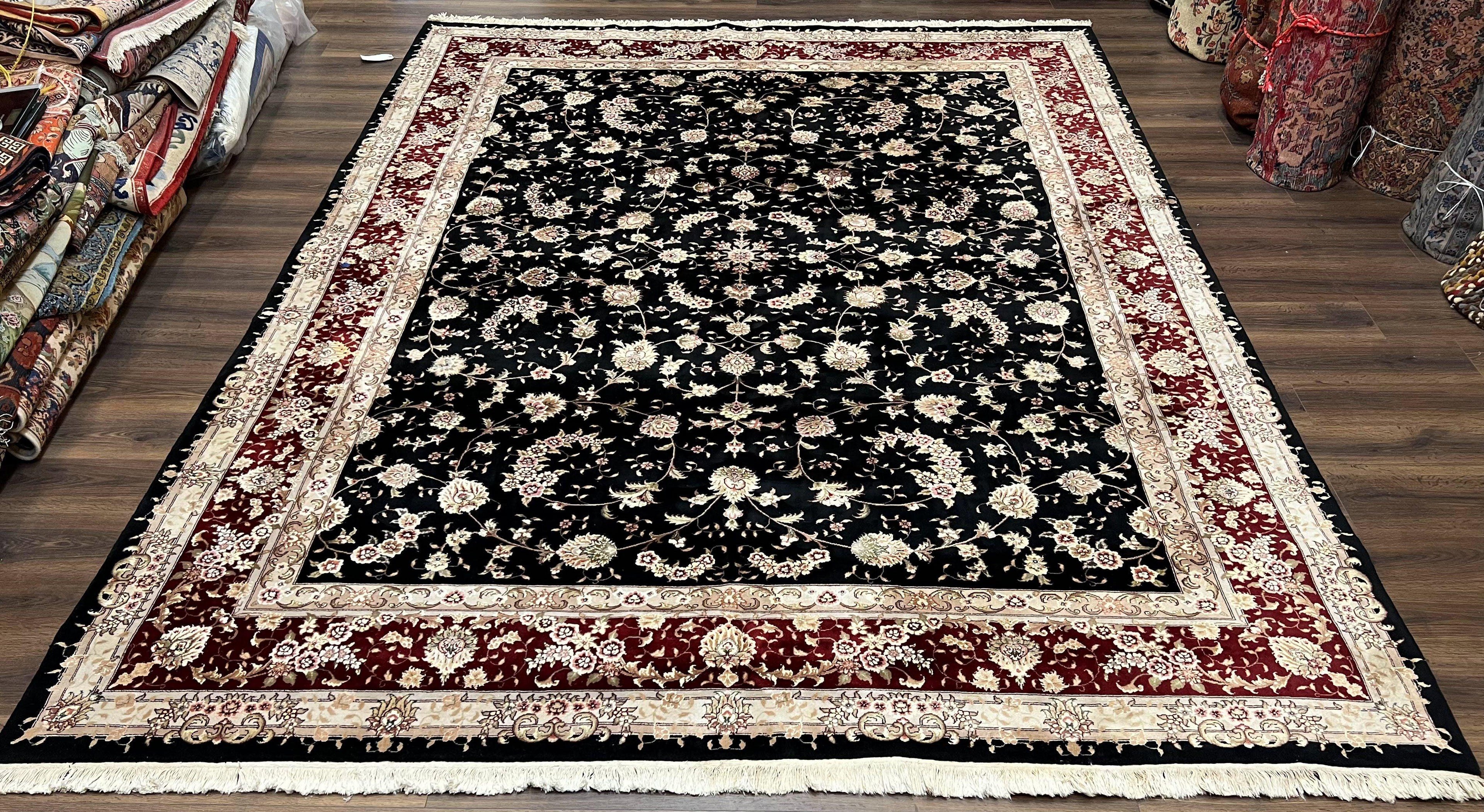 Sino Persian Rug 9x12, High Quality Oriental Carpet, Black and Maroon, Wool and Silk, Allover Floral Pattern, Hand Knotted, Vintage Rug Nice