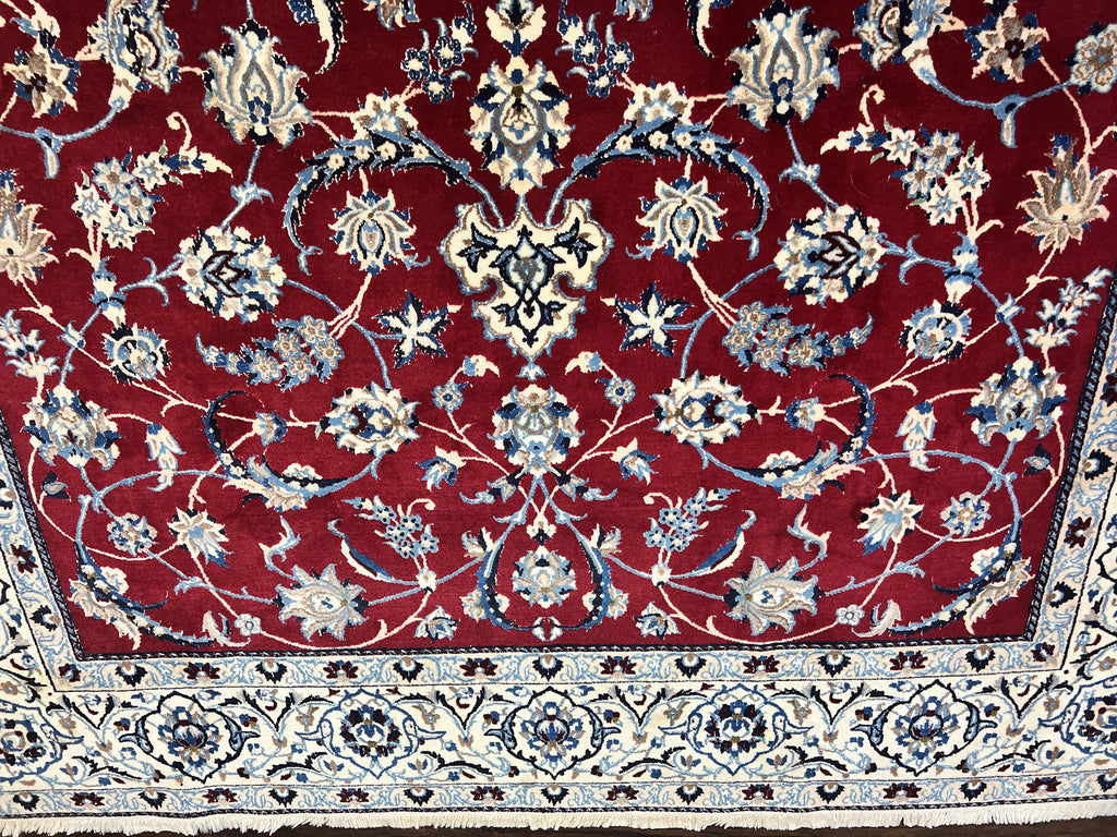 Persian Nain Rug 6x10, Wool and Silk Highlights, Red and Ivory, Floral Medallion, Vintage Handmade Hand Knotted, Fine 225 KPSI, Traditional Rug