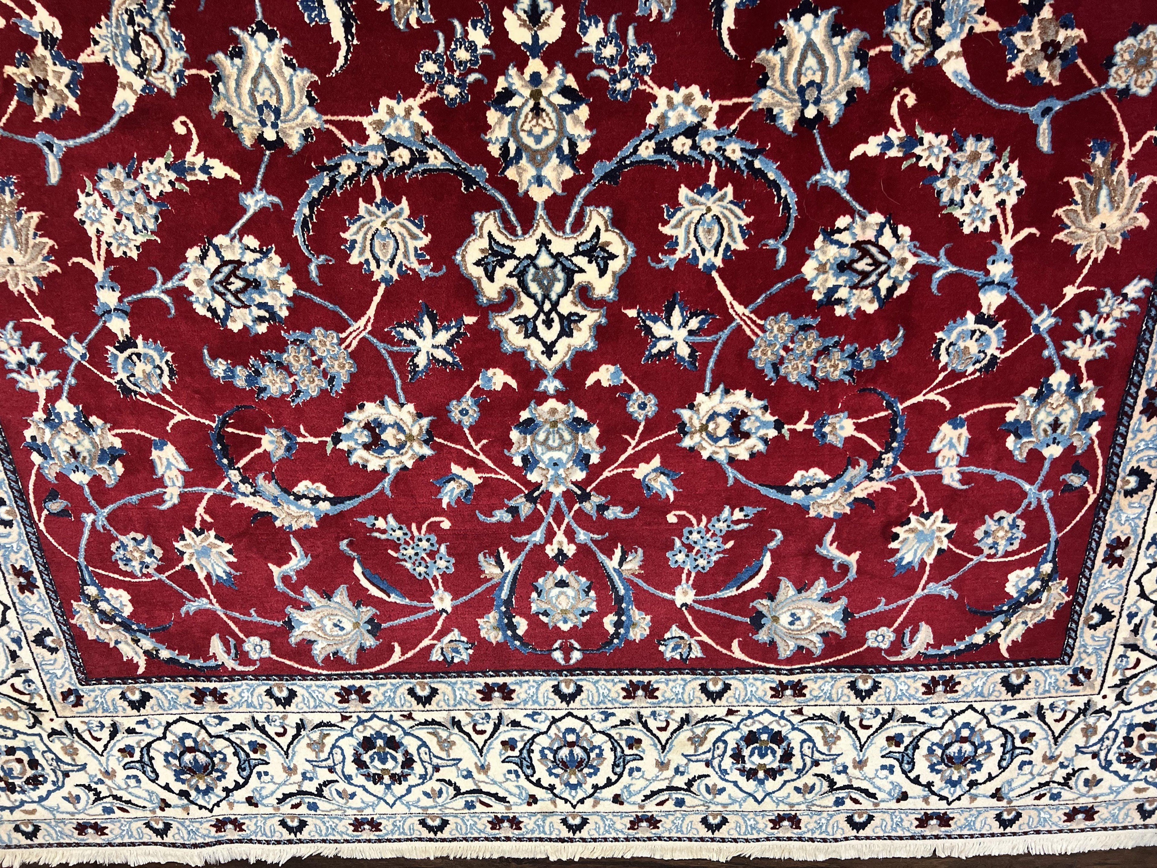 Persian Nain Rug 6x10, Wool and Silk Highlights, Red and Ivory, Floral Medallion, Vintage Handmade Hand Knotted, Fine 225 KPSI, Traditional Rug