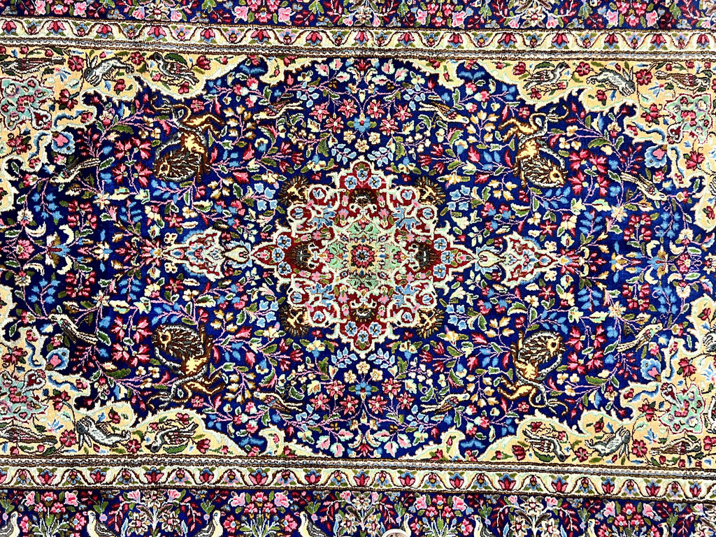 Persian Kirman Rug 6x9, Floral Medallion Vintage Wool Handmade Carpet 6 x 9, Animal Pictorials Birds, Semi Antique, Navy Blue, Millefleur