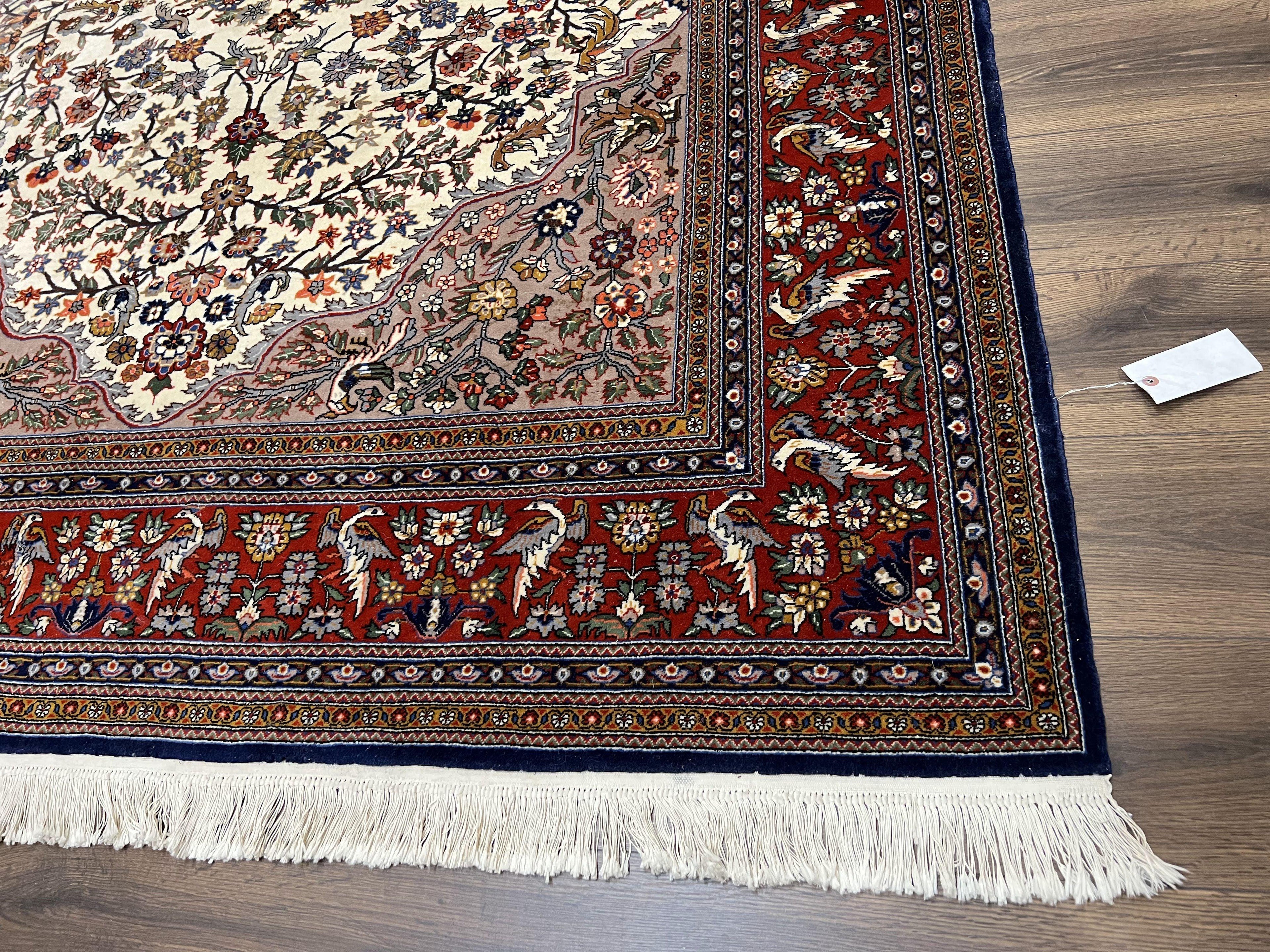 Beautiful Sino Persian Rug 7x10, Circle of Life Tree of Life Rug, Birds, Cream Red Navy Blue Taupe, Wool Silk Accents, Hand Knotted Vintage