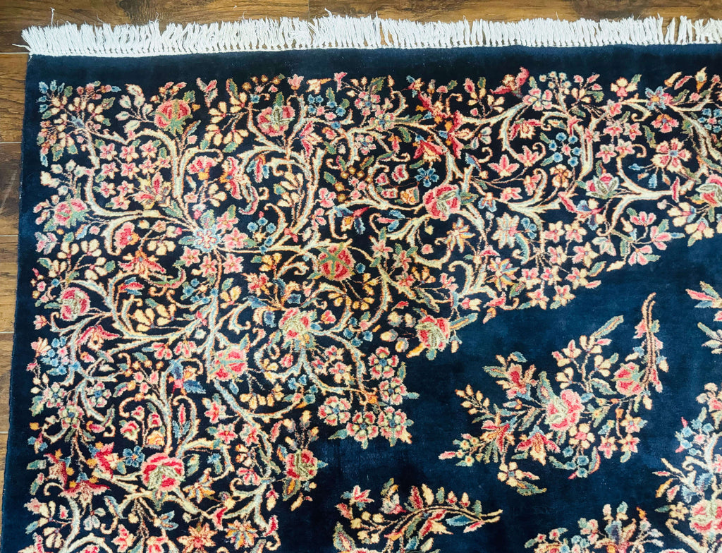 Antique Persian Kerman Rug 10x13, Navy Blue Floral Carpet, Fine 270 KPSI