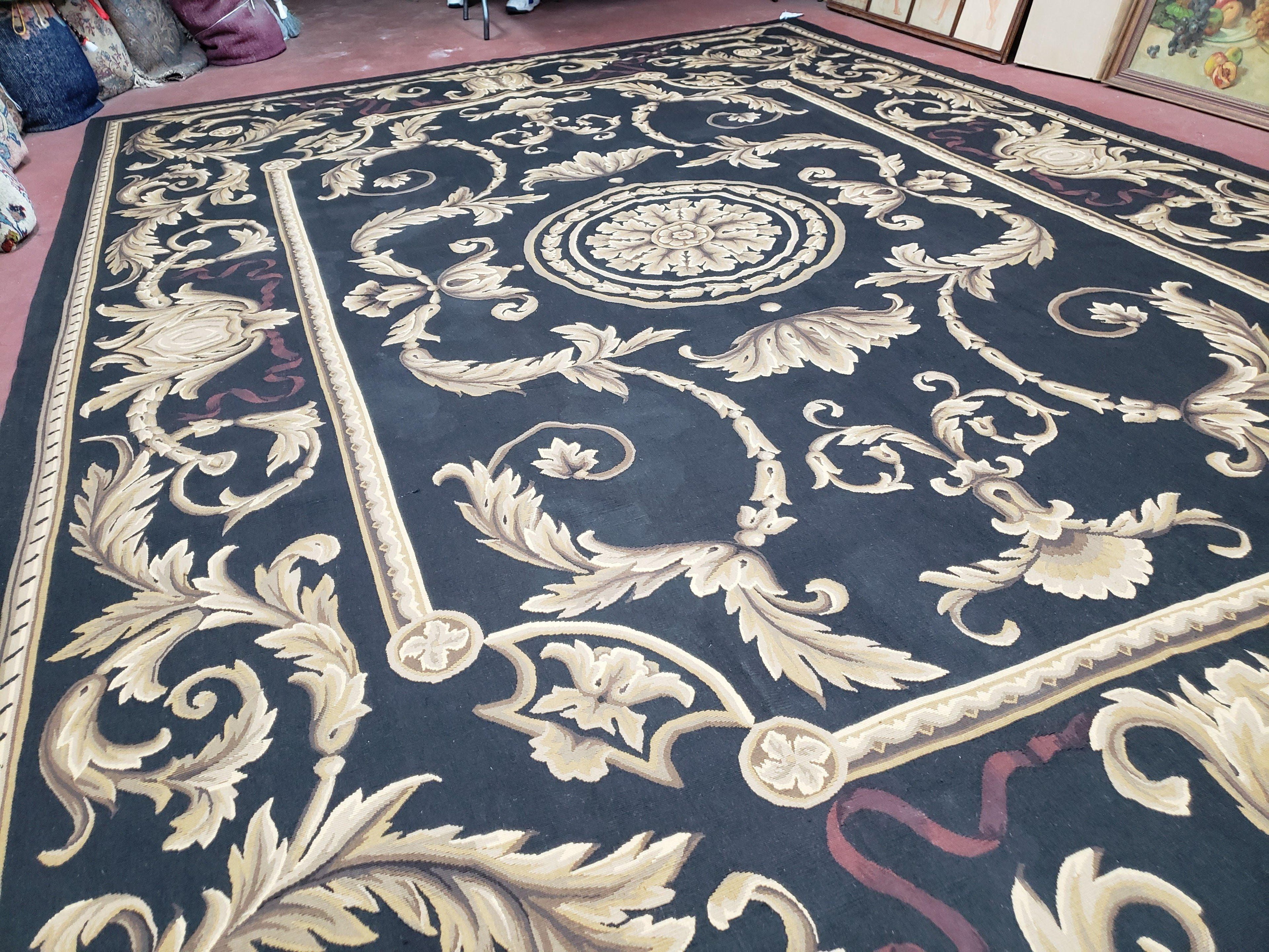 Black and Tan Aubusson Rug, 10 x 14 Aubusson Carpet, New Aubusson Rug, Elegant, Wool, Handmade Area Rug, Flatweave Rug, Large Aubusson Rug