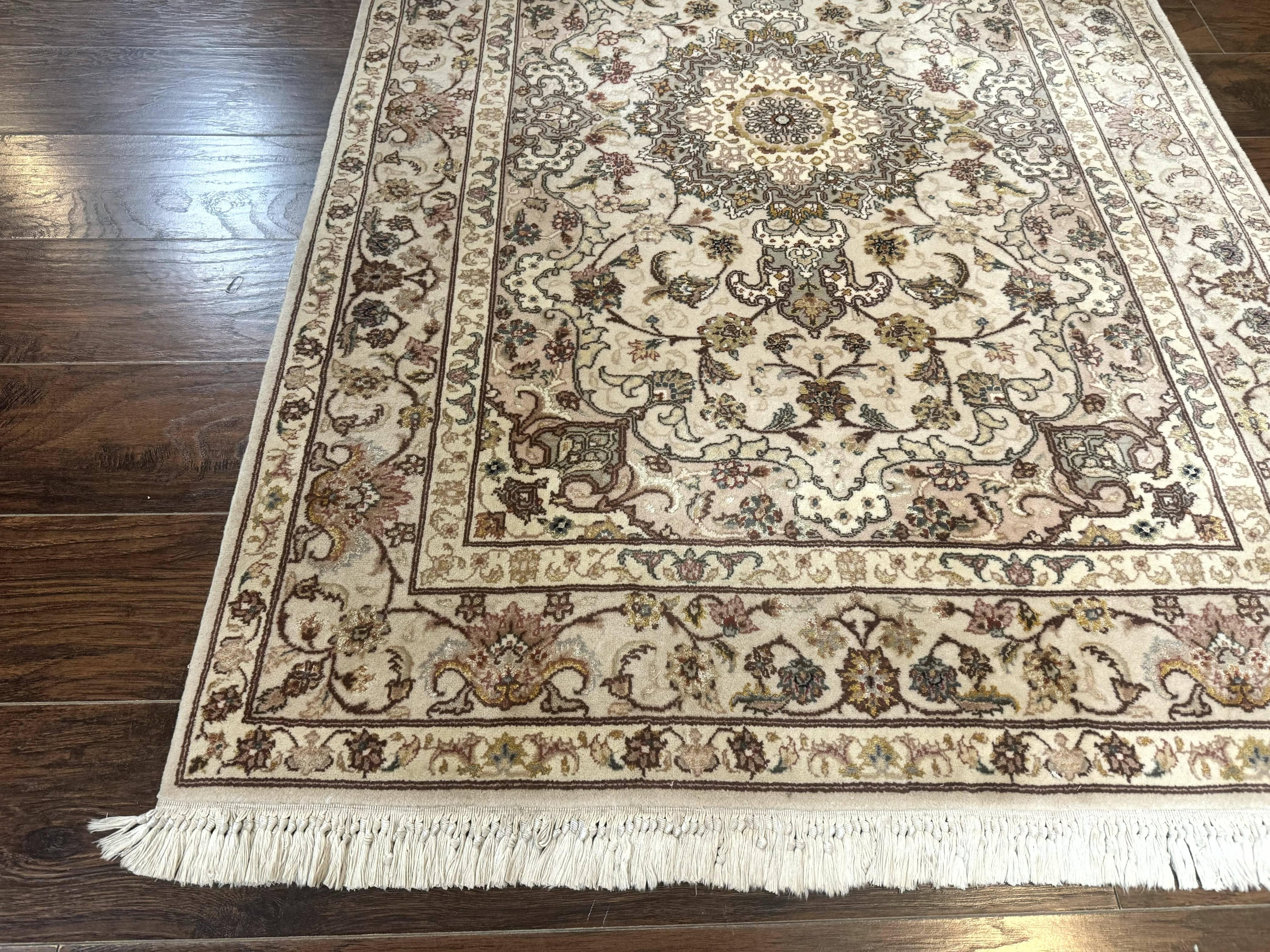 Pak Persian Rug 4x6, Floral Medallion, Beige, Wool and Silk Highlights, Vintage Handmade Rug