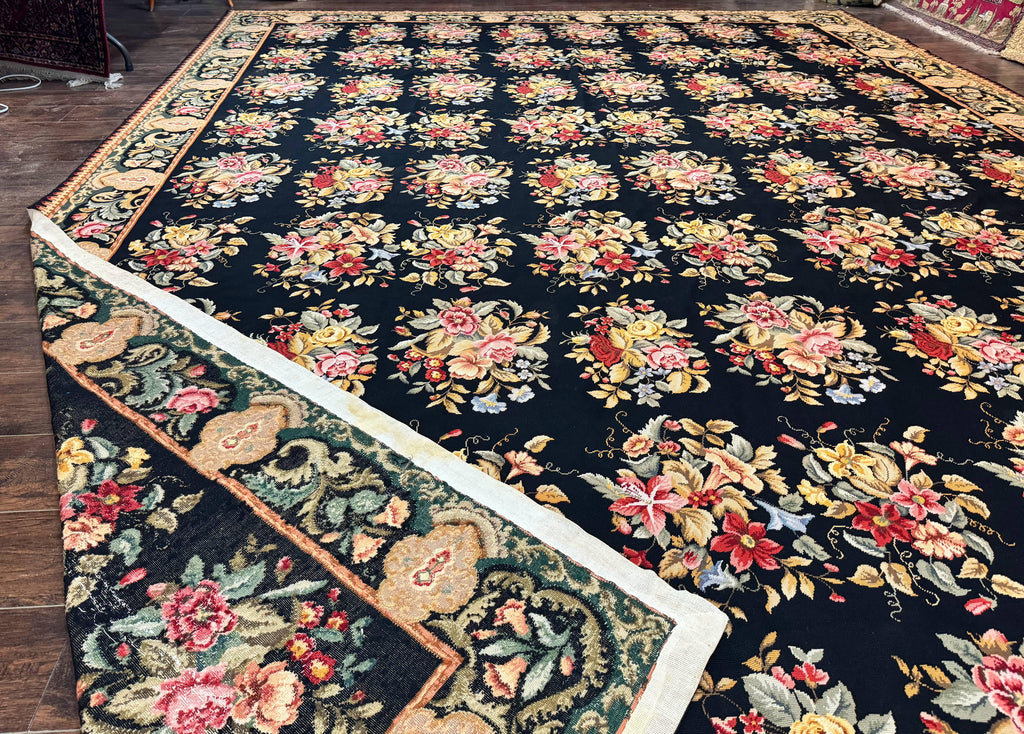 Palace Size Needlepoint Rug 12x16, Black and Colorful, Floral Panel, Handmade Oversized Wool Needlepoint Carpet, Rare