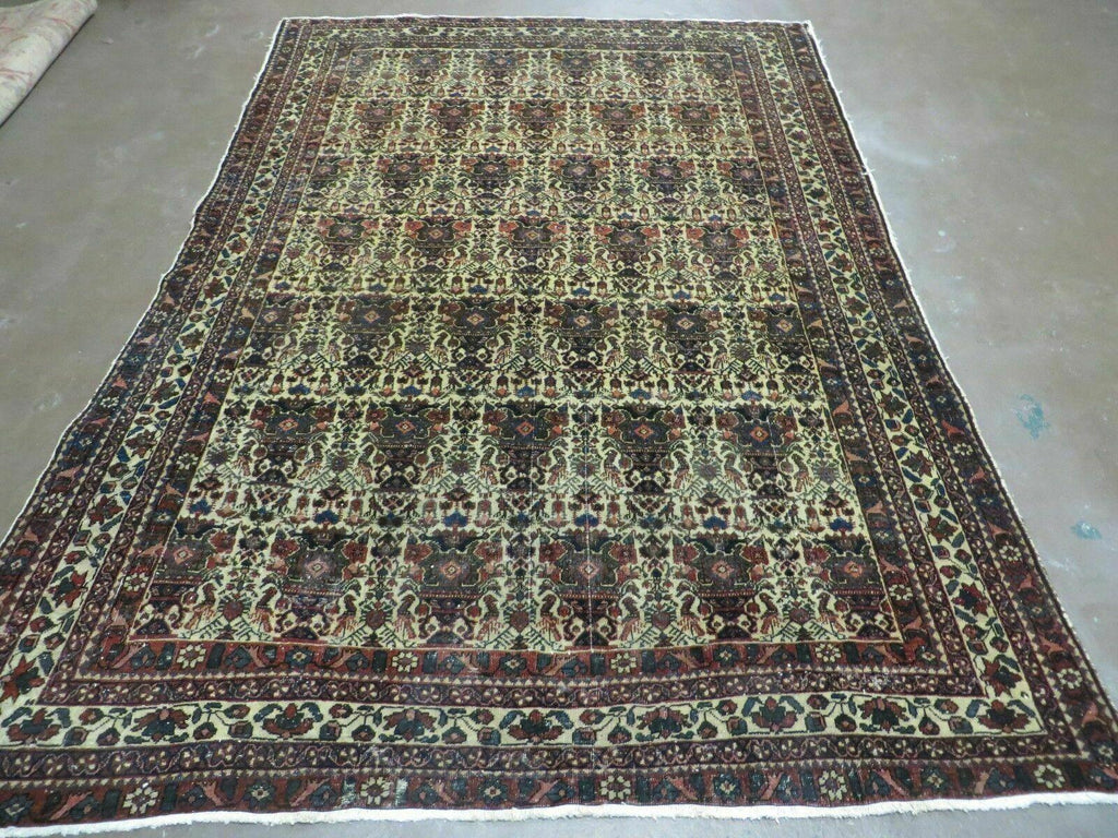 Antique Persian Afshar Rug 5x7, Wool Hand Knotted Oriental Carpet 5 x 7 ft, Repeated Motif Allover, Cream and Maroon, Tribal Rug, Medium Sized Rug,  Zil-i-Sultan Design