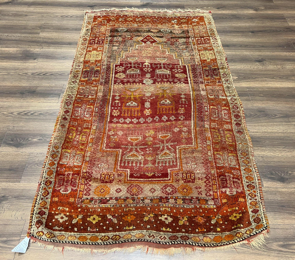 Antique Turkish Melas Rug 4x7, Tribal Geometric Unique Collectible Hand Knotted Wool Oriental Carpet, Rare 1920s Rug, Burnt Orange Red