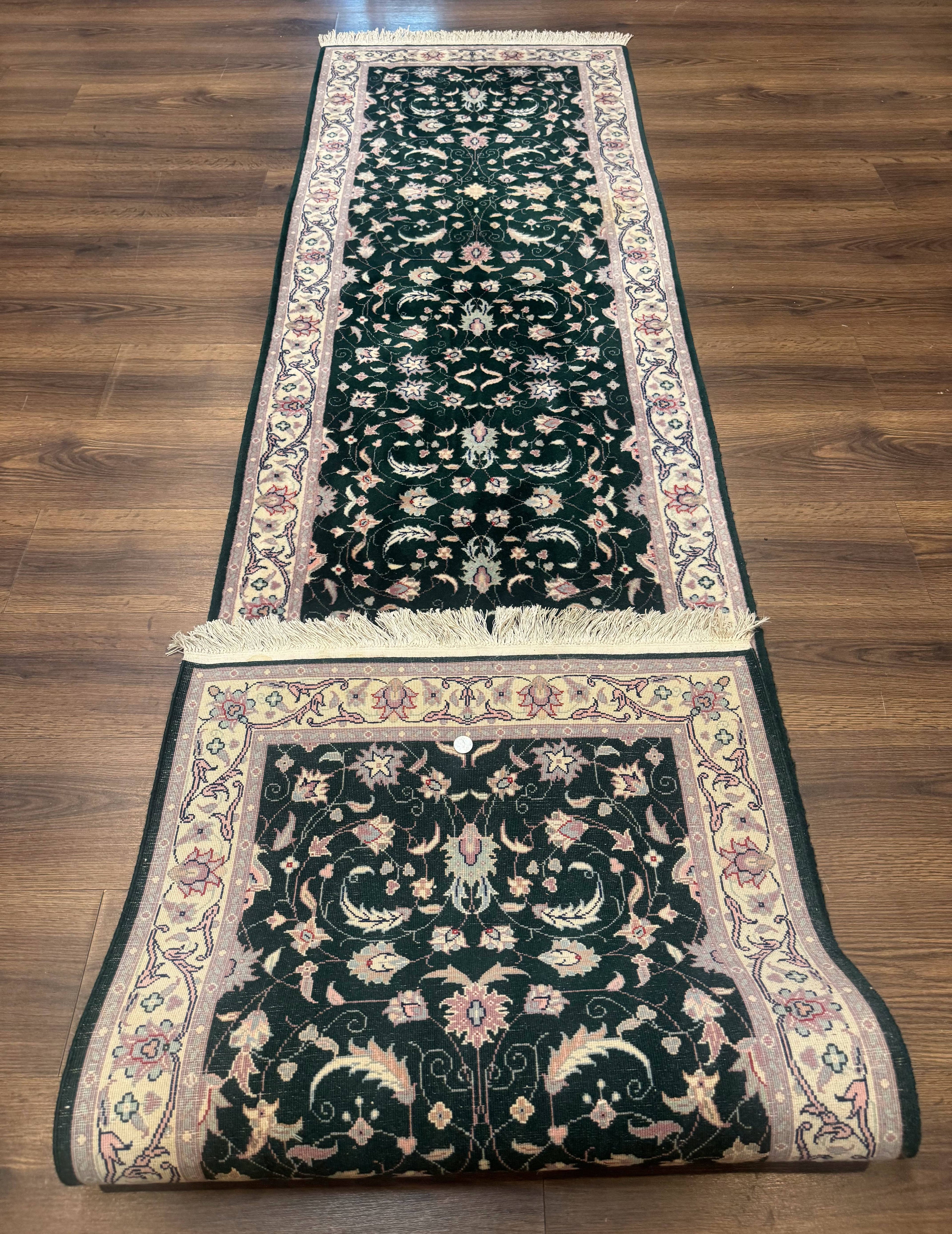 Pak Persian Runner Rug 2.6 x 10, Dark Green and Beige, Floral Allover