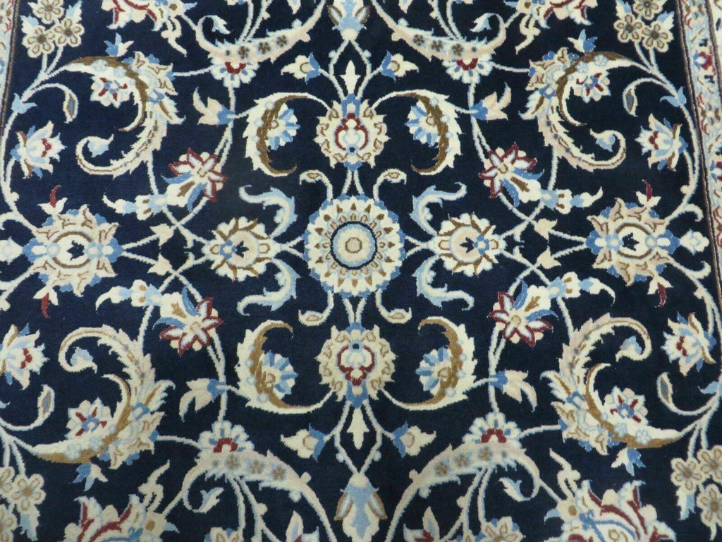 Persian Nain Rug 4x7, Navy Blue and Ivory, Handmade, Wool & Silk Highlights, Fine Oriental Rug, Vintage