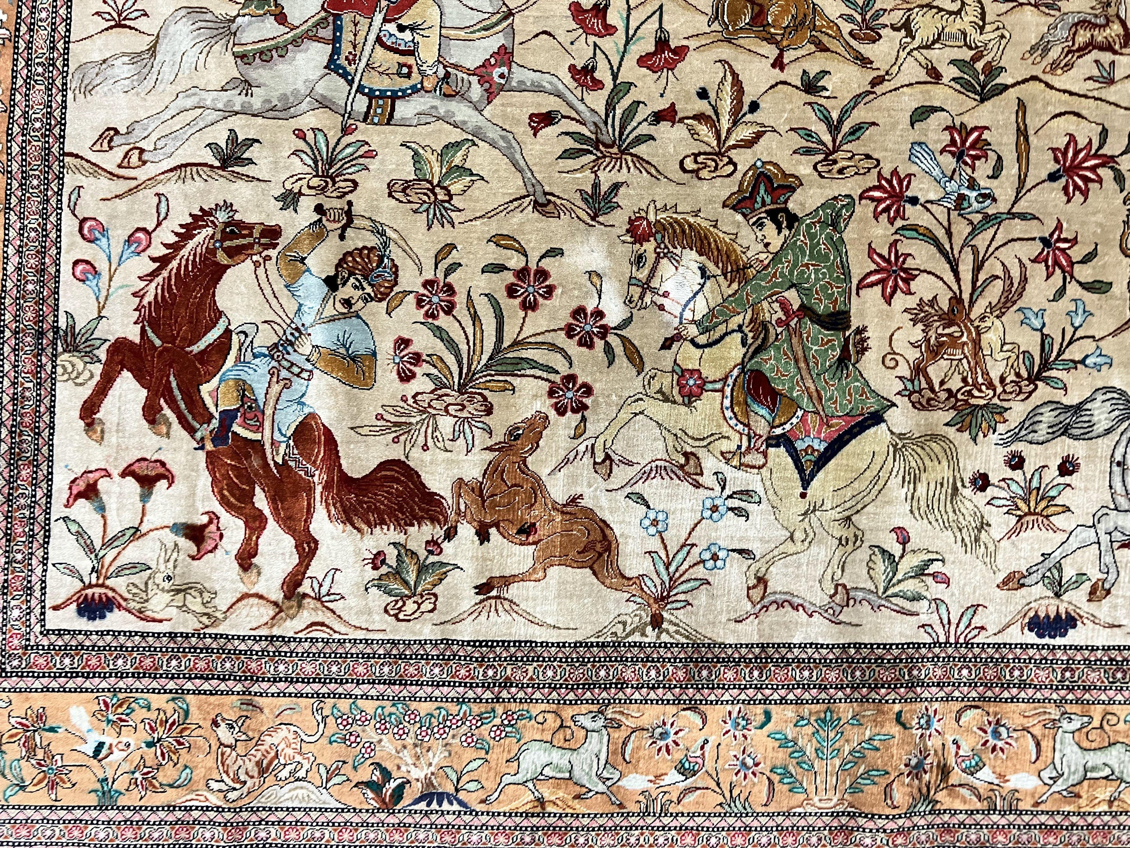 Silk Persian Qum Rug 3x5, Hunting Pattern, Handmade Vintage Carpet, Signed by Master Weaver, Horsemen Pictorials, Super Fine 650 KPSI