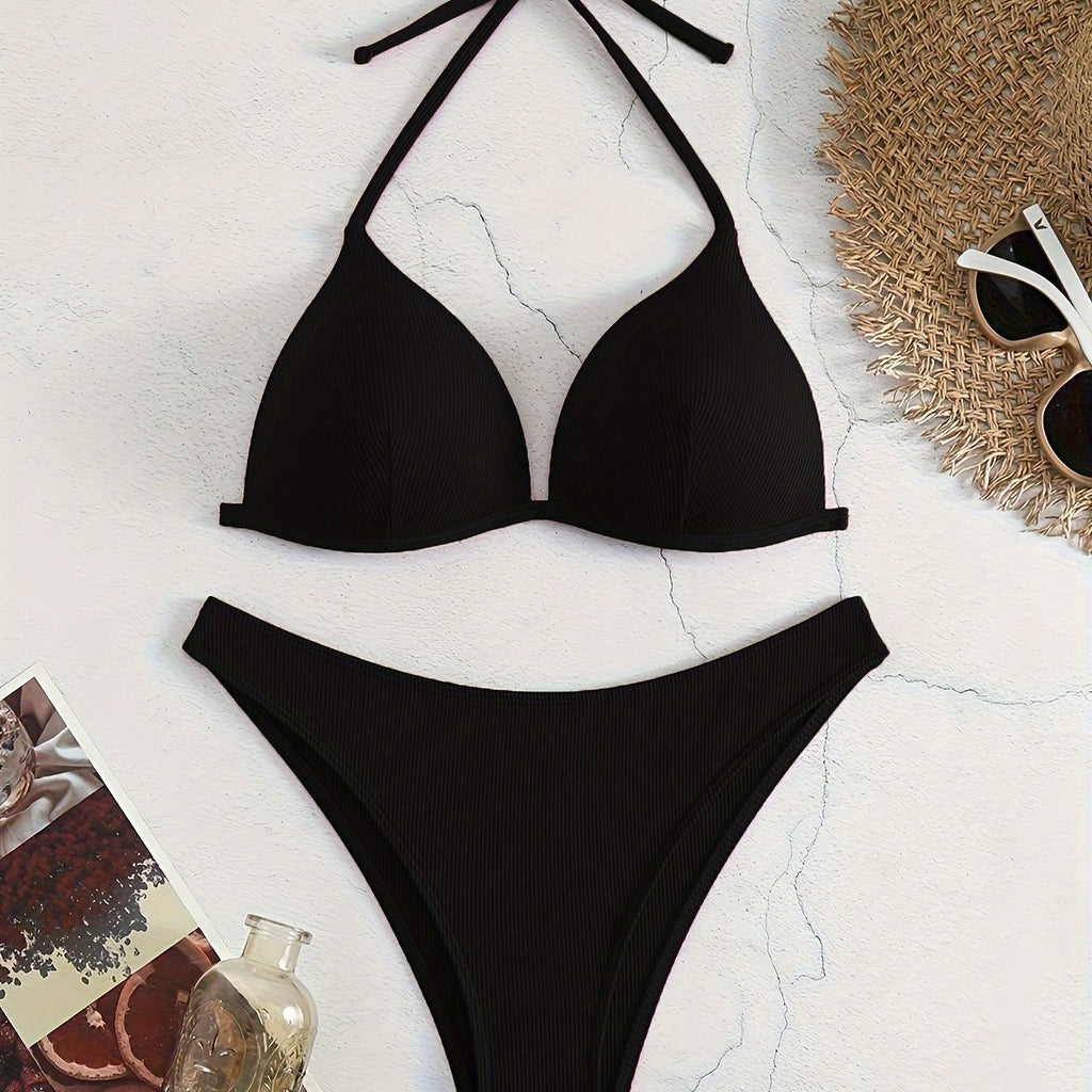 Bikini Rib Knit Solid Color Triangle 2 Piece Swimsuit for Women – Adjustable Tie Back Halter Bikini Set with Spaghetti Straps – High Stretch Polyester Swimwear for Summer Beachwear Poolside Relaxation and Tropical Vacation