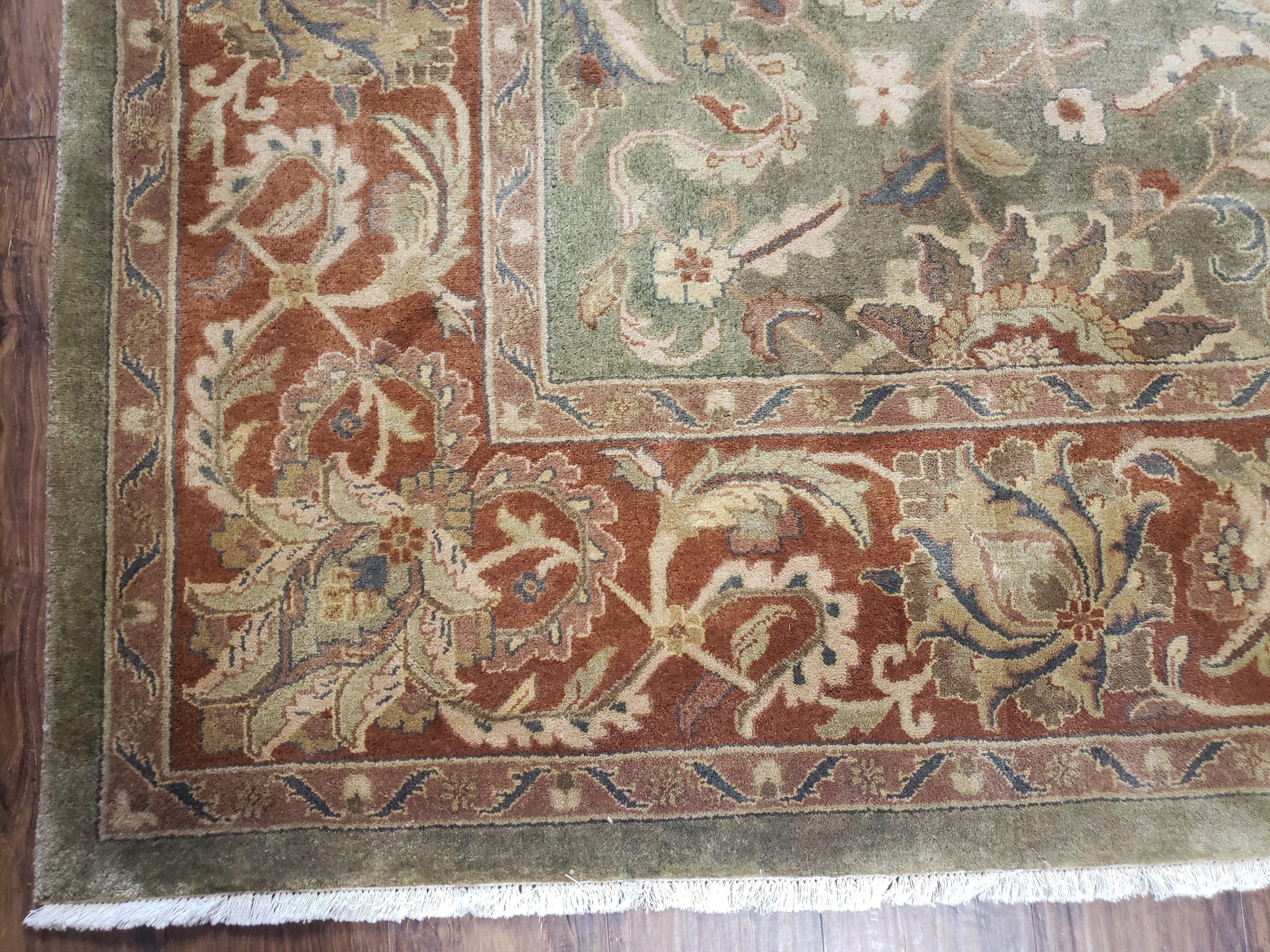 Green Indo Mahal Area Rug 9x12, Wool Hand-Knotted Carpet