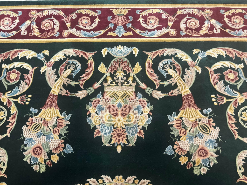 Aubusson Rug 9x12, Dark Green, European Design, Vintage Fine Handmade Carpet, Elegant