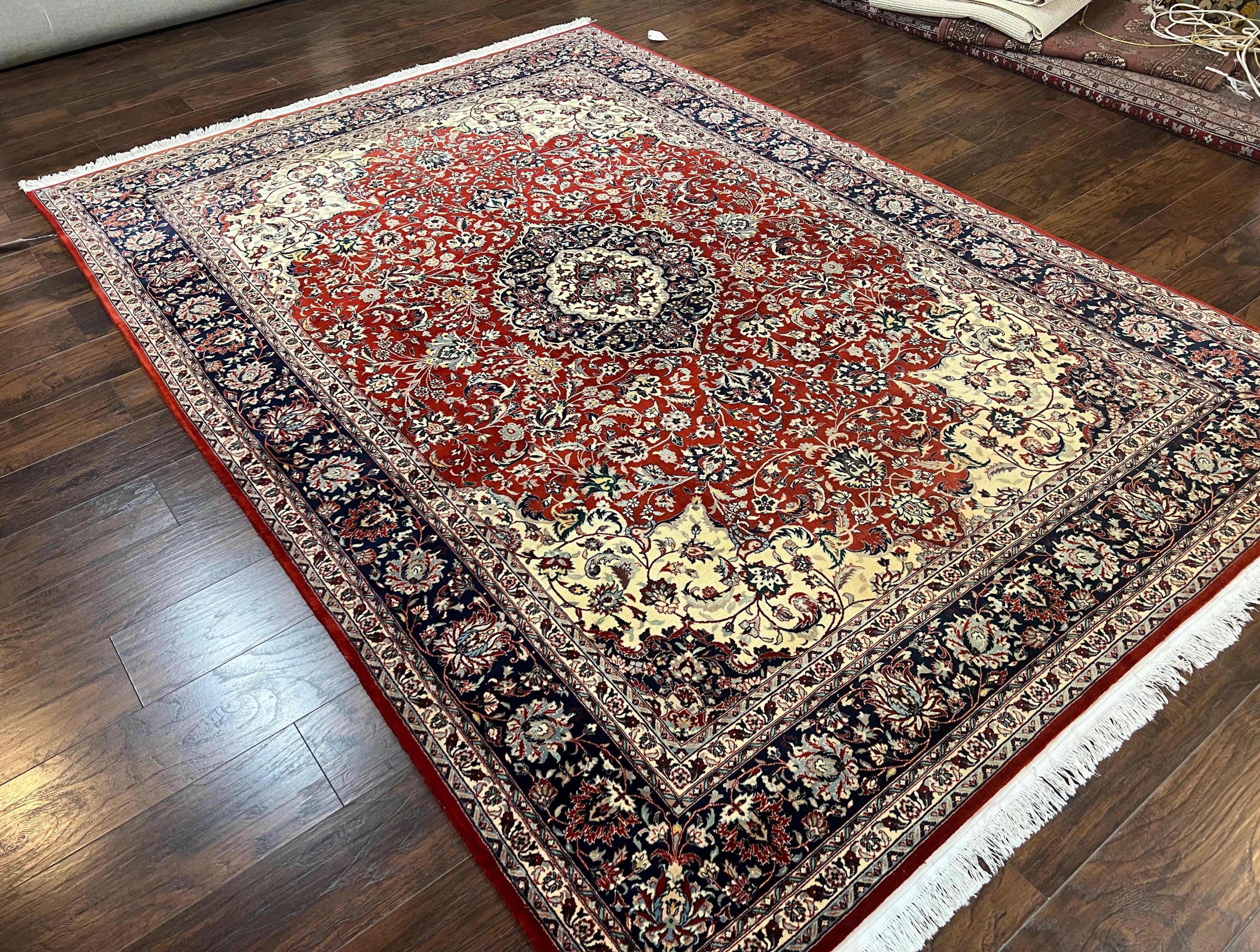 Fine Sino Persian Rug 7x10 ft, Floral Central Medallion Oriental Carpet, Red Navy Blue Cream, Hand Knotted Wool Traditional Vintage Rug