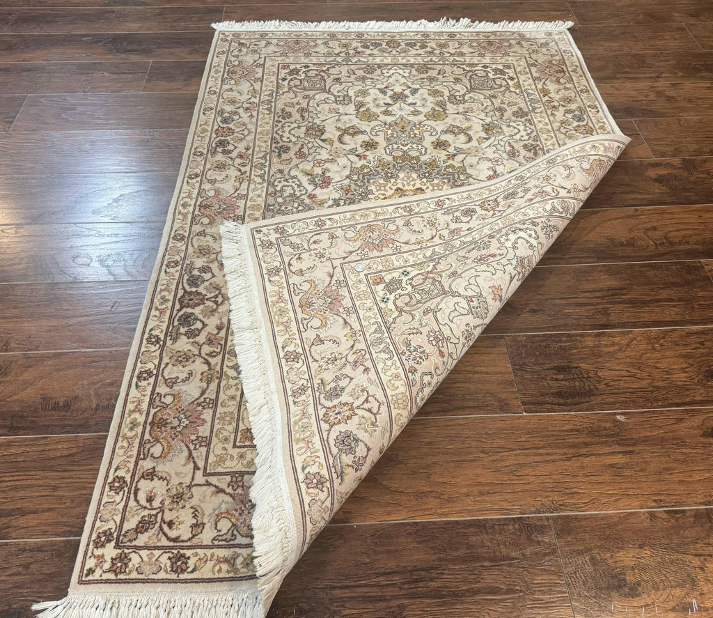 Pak Persian Rug 4x6, Floral Medallion, Beige, Wool and Silk Highlights, Vintage Handmade Rug
