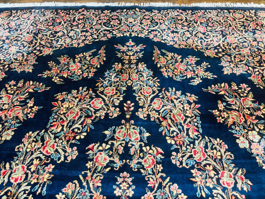 Antique Persian Kerman Rug 10x13, Navy Blue Floral Carpet, Fine 270 KPSI