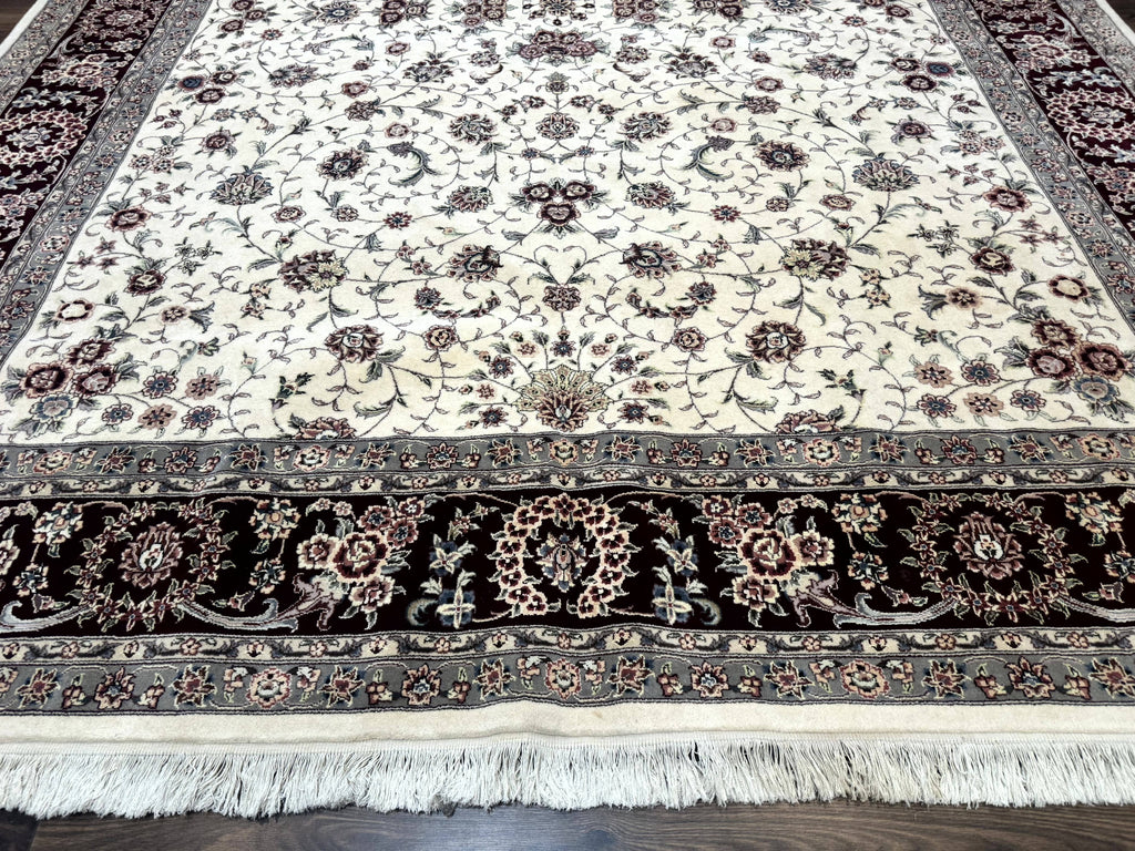 Sino Persian Rug 9x12, Floral Allover Design, 170 KPSI, Ivory and Dark Maroon