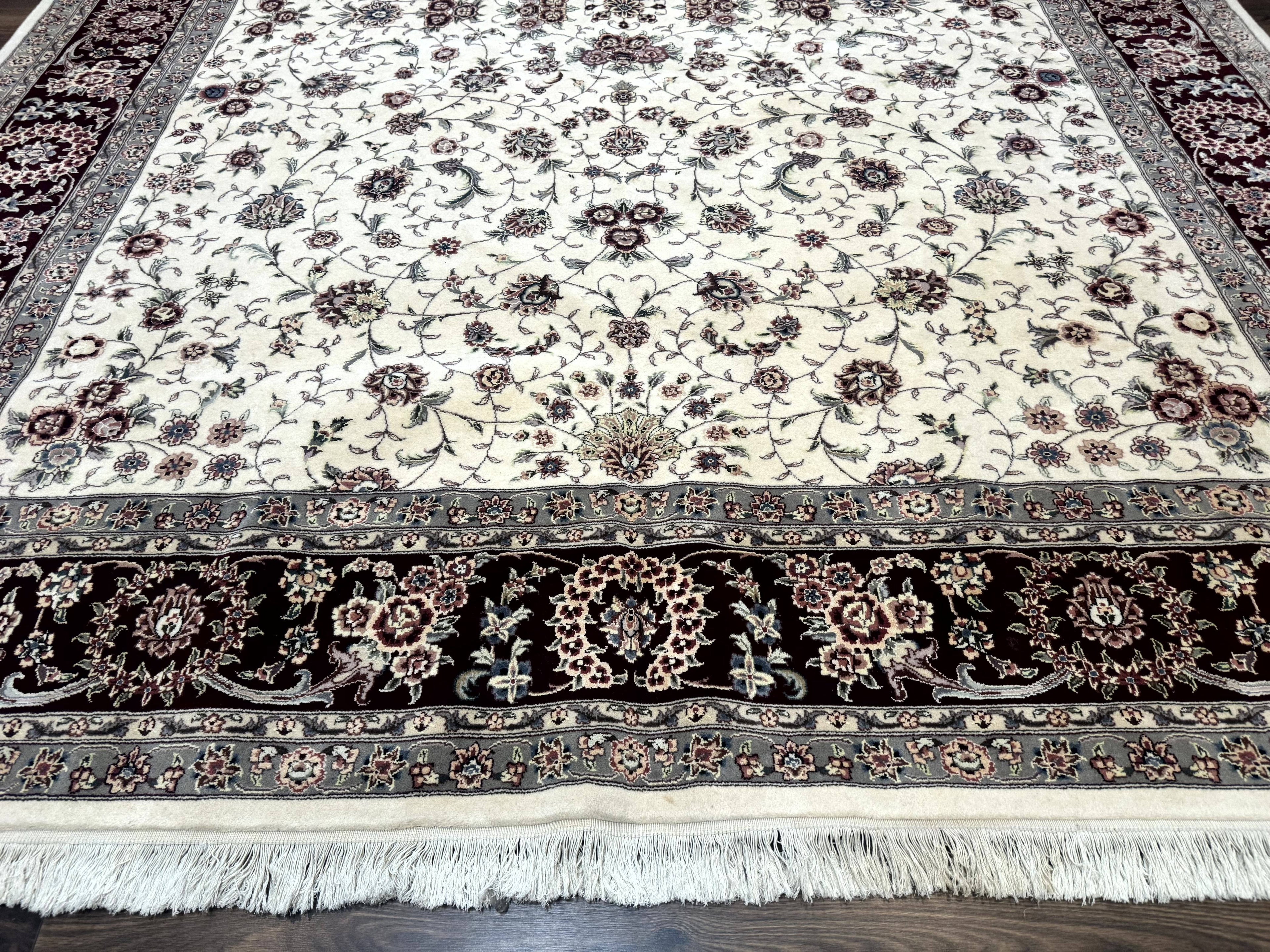 Sino Persian Rug 9x12, Floral Allover Design, 170 KPSI, Ivory and Dark Maroon