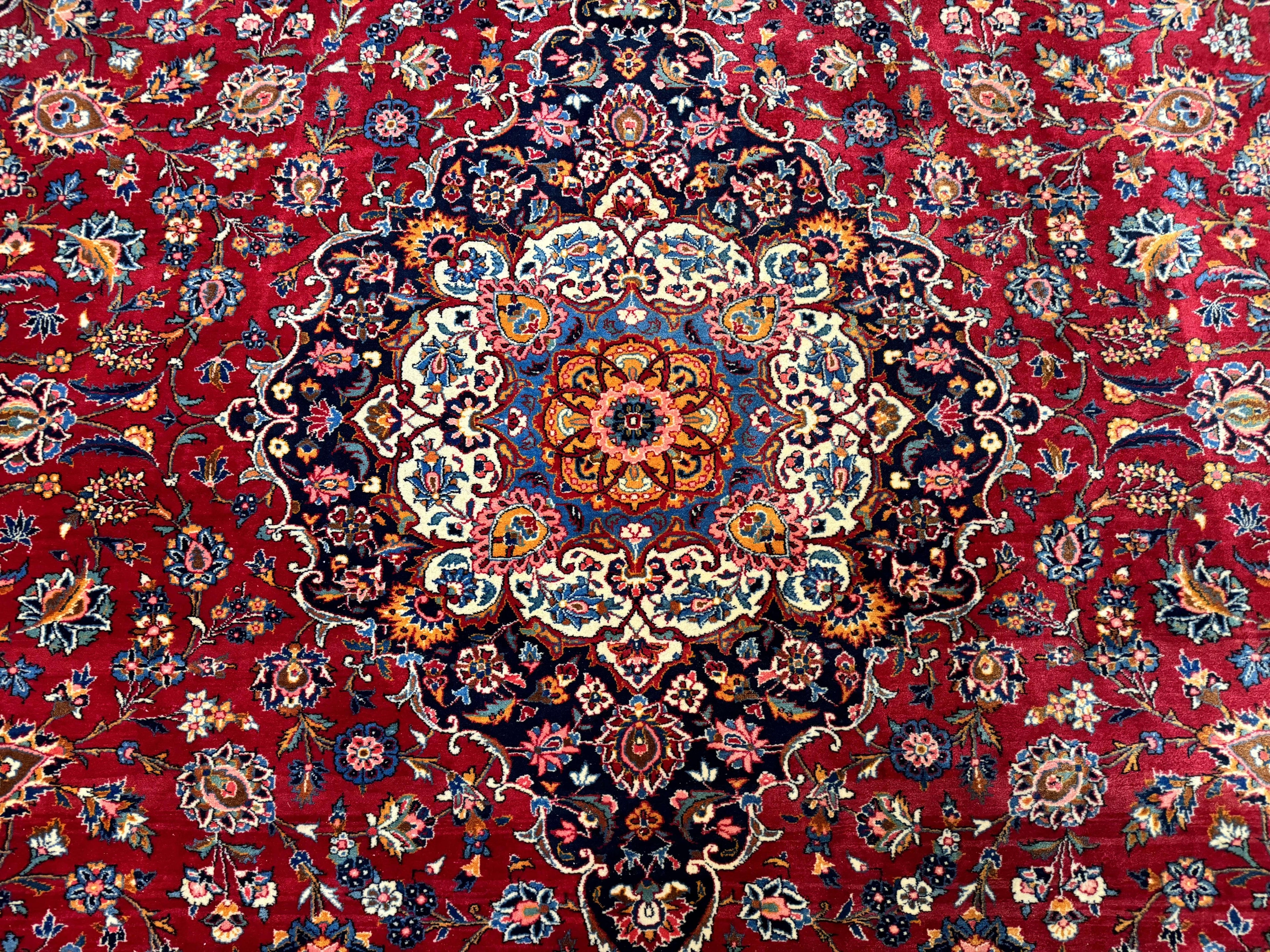 Large Persian Kashan Rug 11x14, Traditional Persian Carpet, Wool, Fine 250 KPSI, Red Navy Blue