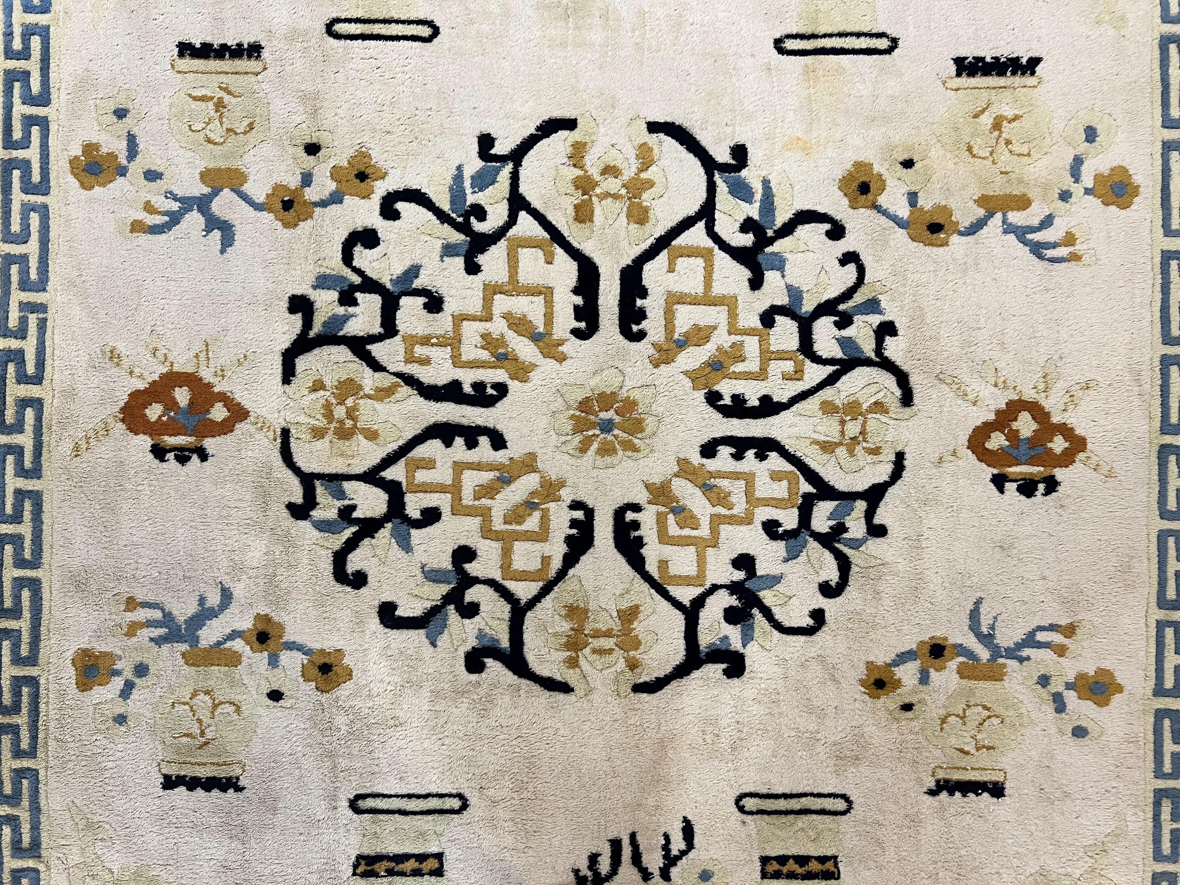 Indo Chinese Rug 9x12, Asian Oriental Carpet 9 x 12, Cream & Burnt Orange, Handmade Wool Vintage Art Deco Rug