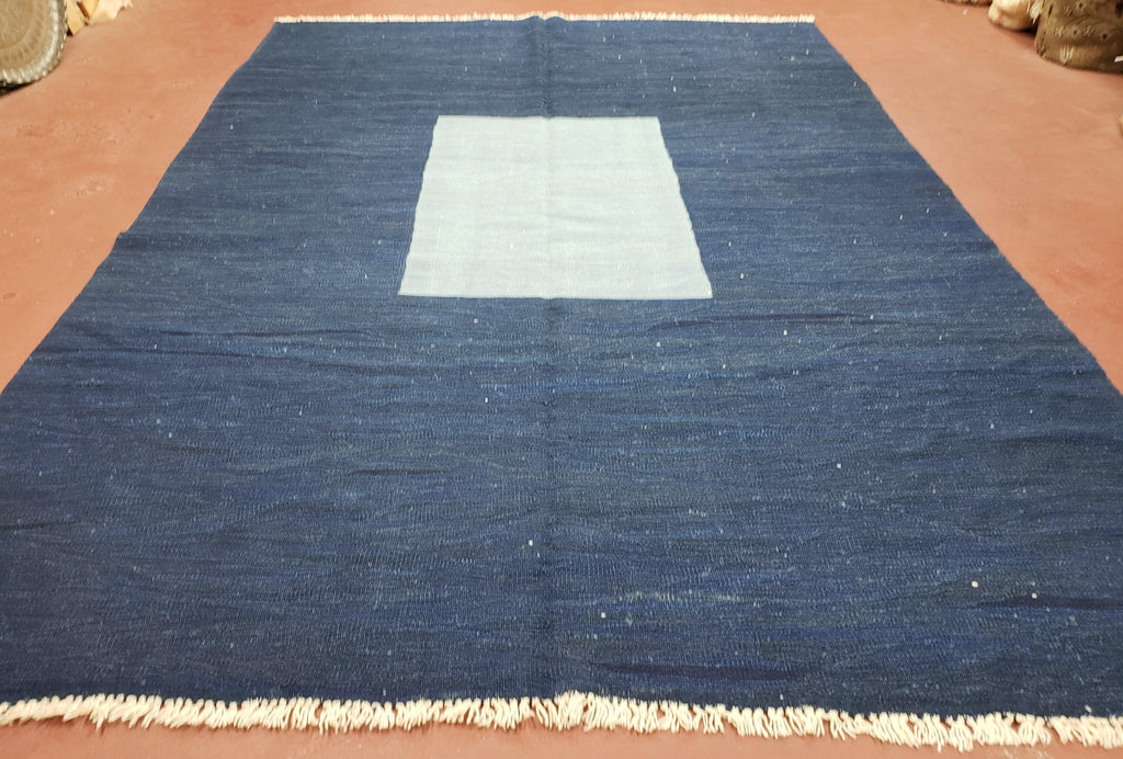 Large Blue Turkish Kilim Rug 7x10, Handmade, Wool