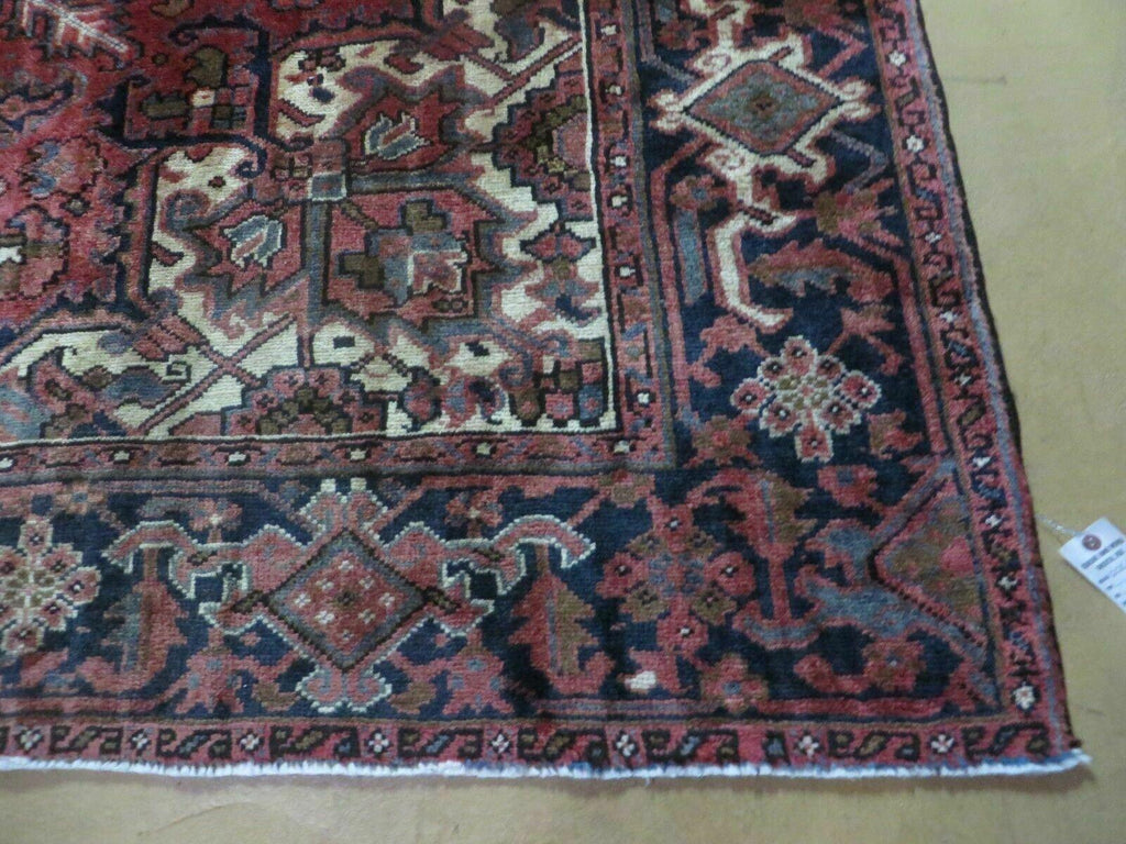 Persian Rug 8x11 Room Sized Heriz Carpet, Hand Knotted Wool Rug, Vintage Semi Antique, Geometric Medallion, Wine Red Cream Dark Blue, Wow