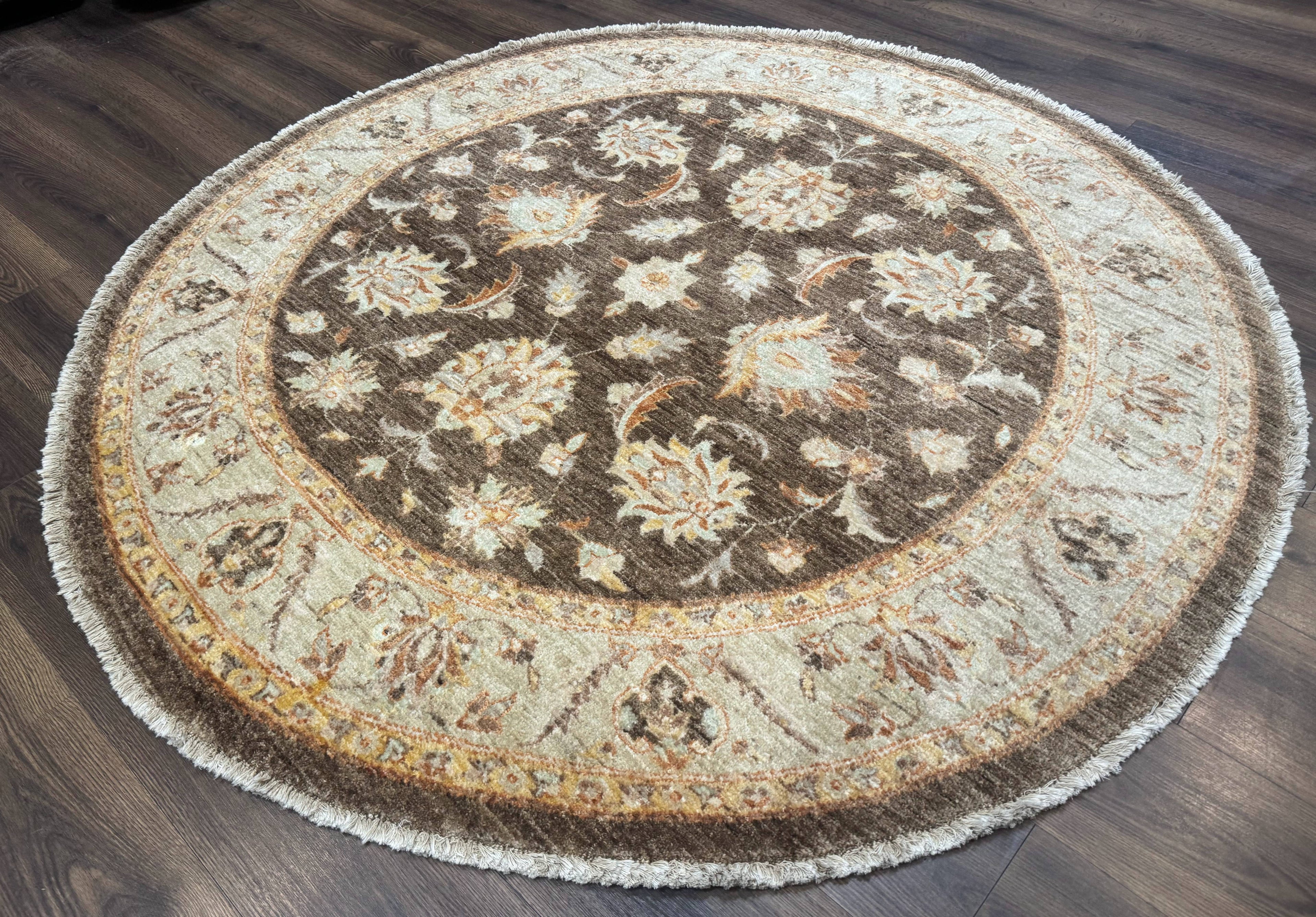 Round Pakistani Rug 6x6, Brown and Beige, Floral, Peshawar Rug, Traditional