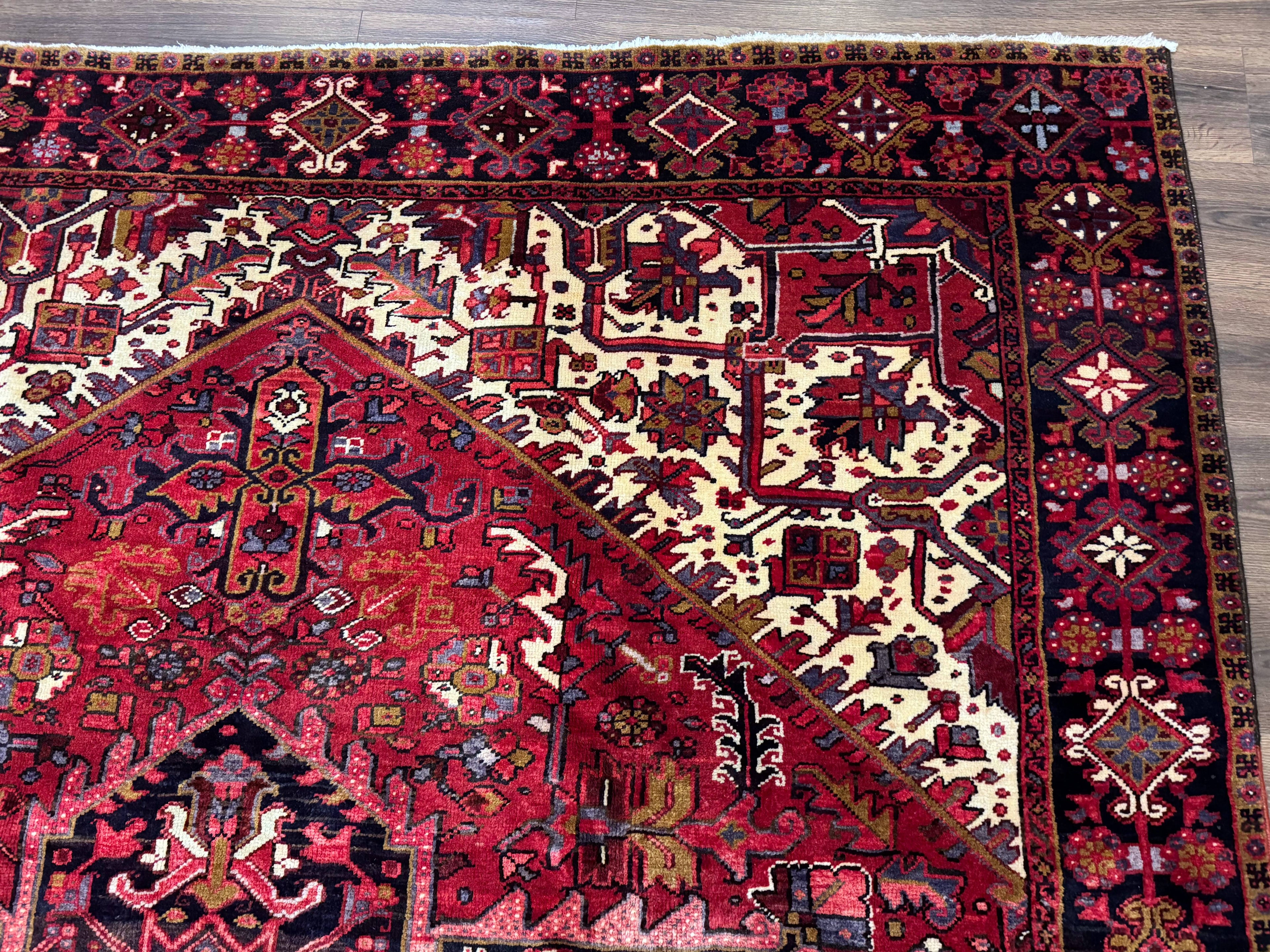 Persian Heriz Rug 8x11, Geometric Design, Red & Cream