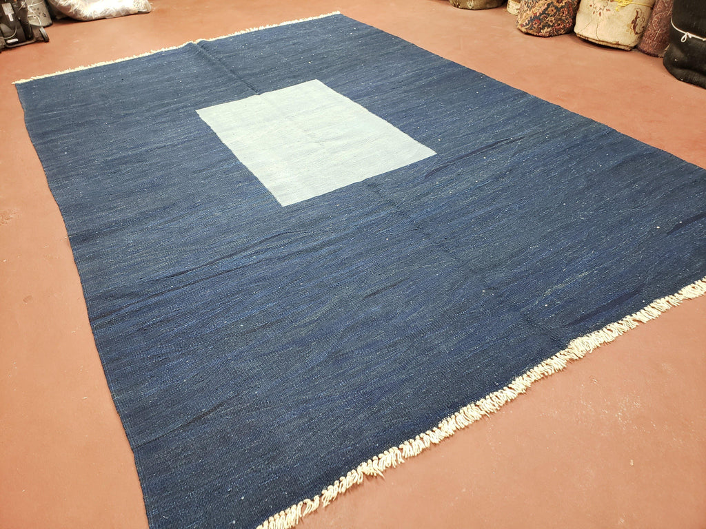 Large Blue Turkish Kilim Rug 7x10, Handmade, Wool