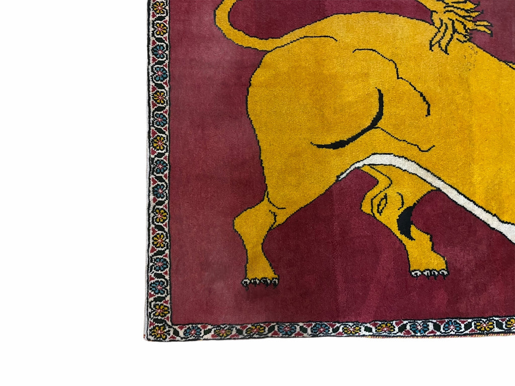 Persian Gabbeh Rug 3x4, Lion Pictorial, Red