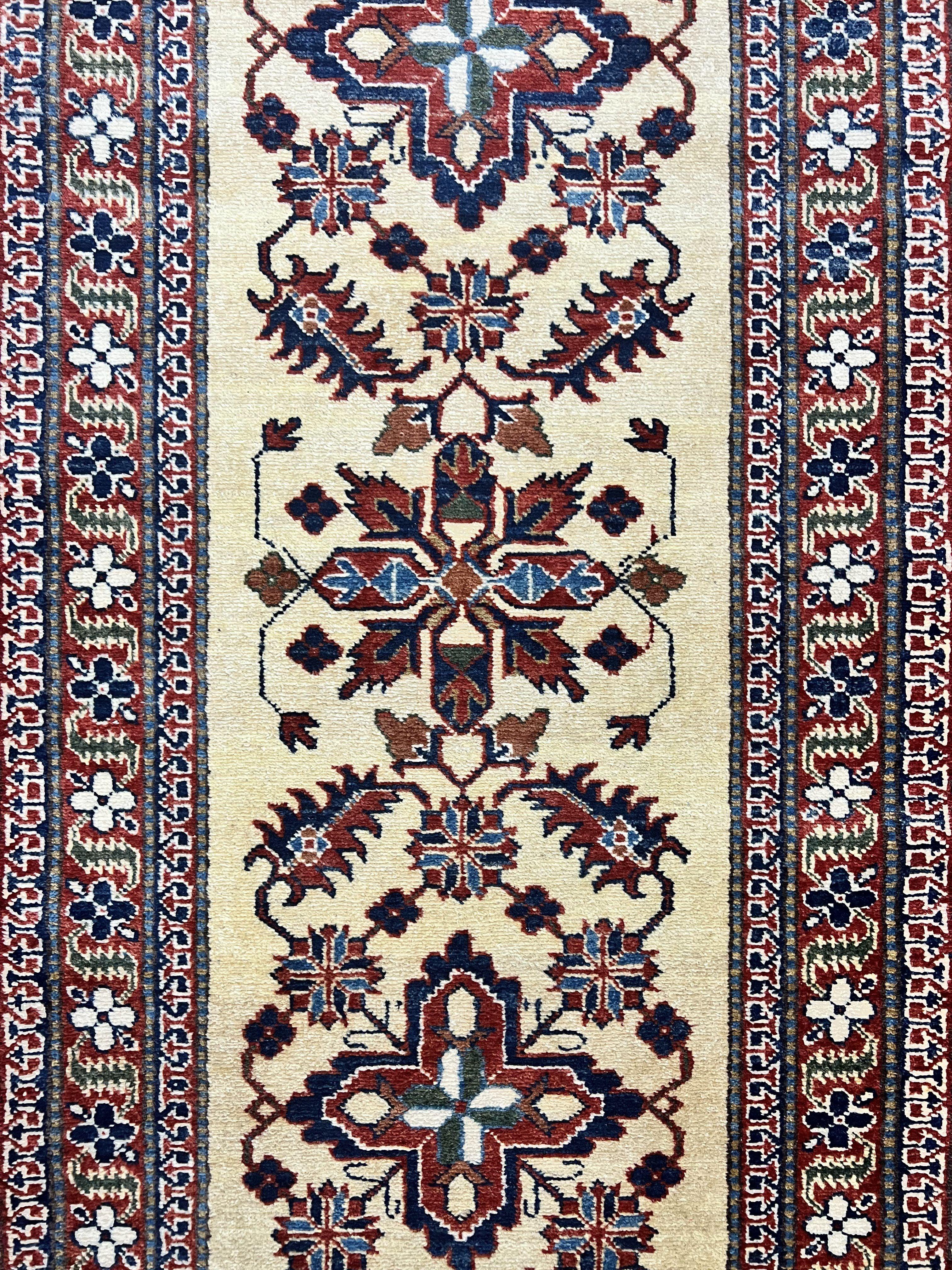Afghan Heriz Runner Rug 2.9 x 12, Vintage Hand Knotted Persian Carpet for Hallway, 12ft Runner, Wool, Cream