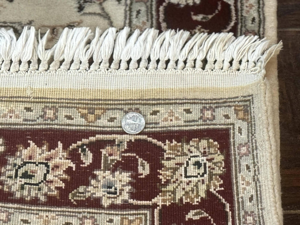 Pak Persian Runner Rug 2.8 x 8, Handmade Vintage Carpet, Beige and Maroon, Wool and Silk Highlights