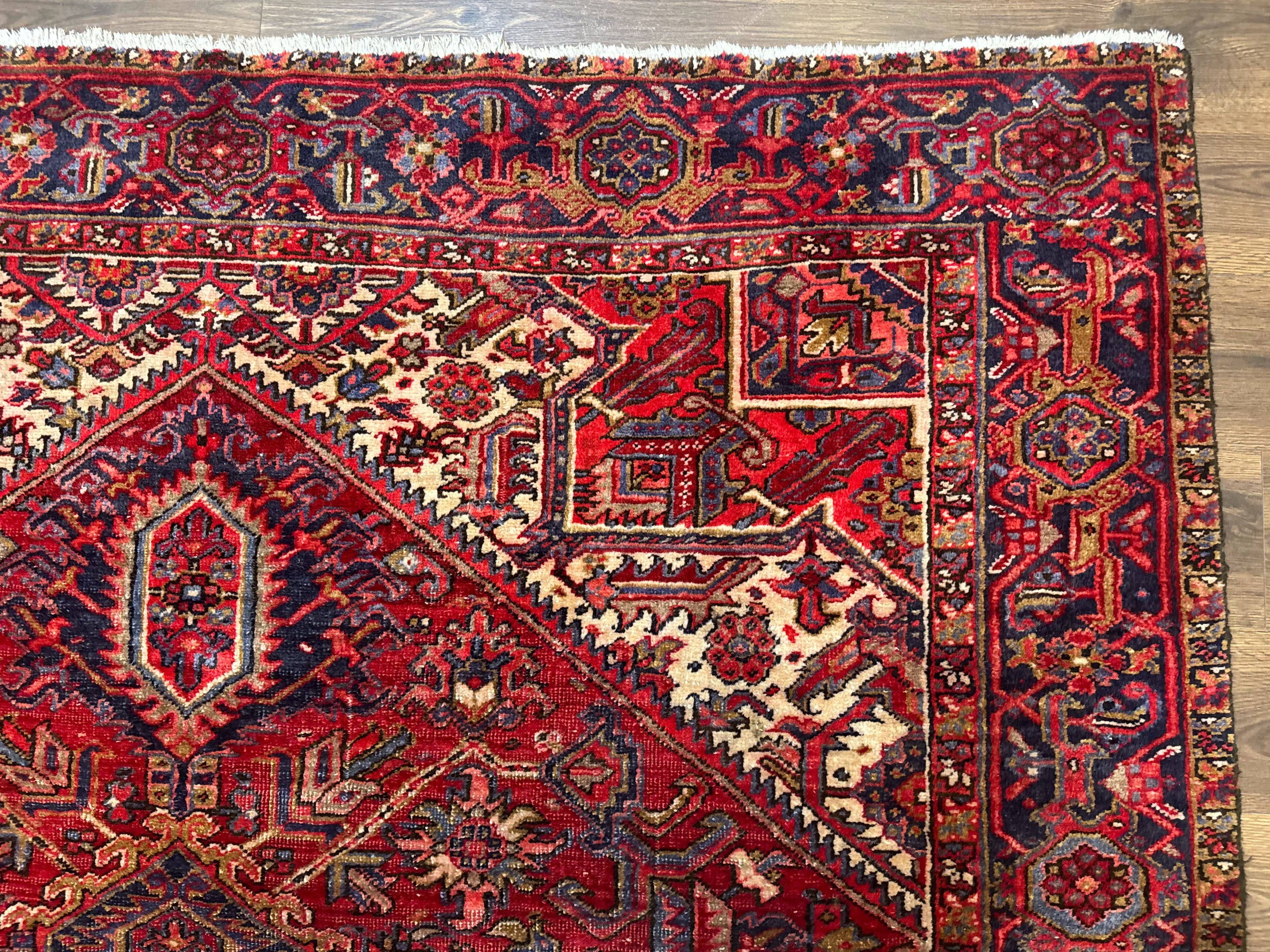 Persian Heriz Rug 7x10, Geometric Pattern, Red Ivory Navy Blue