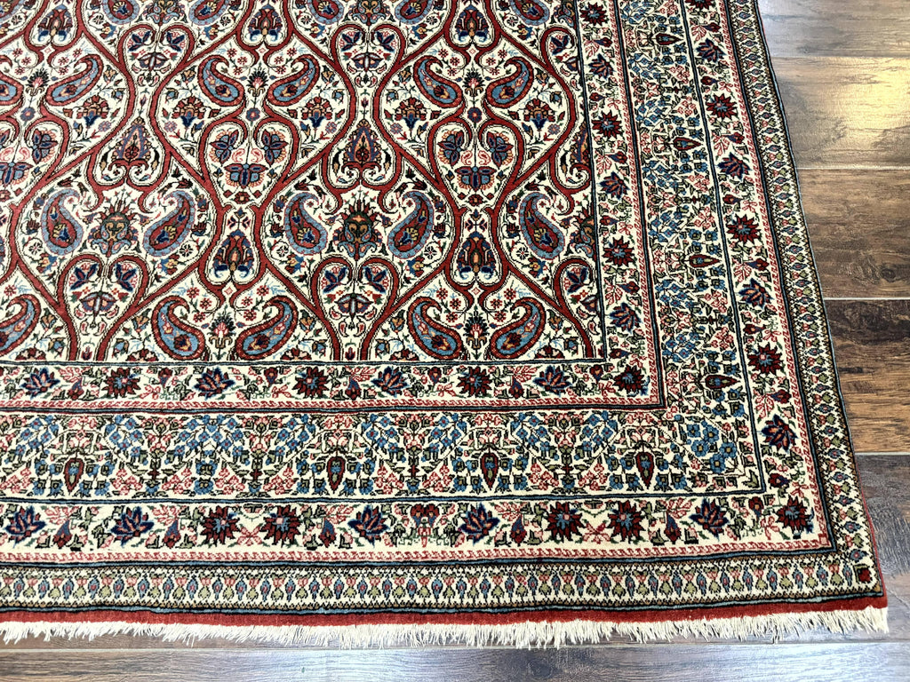Unique Persian Qum Rug 5x7, Repeated Paisely Boteh Design, Ivory Red Blue, Handmade Antique Wool Persian Carpet, Finely Hand Knotted
