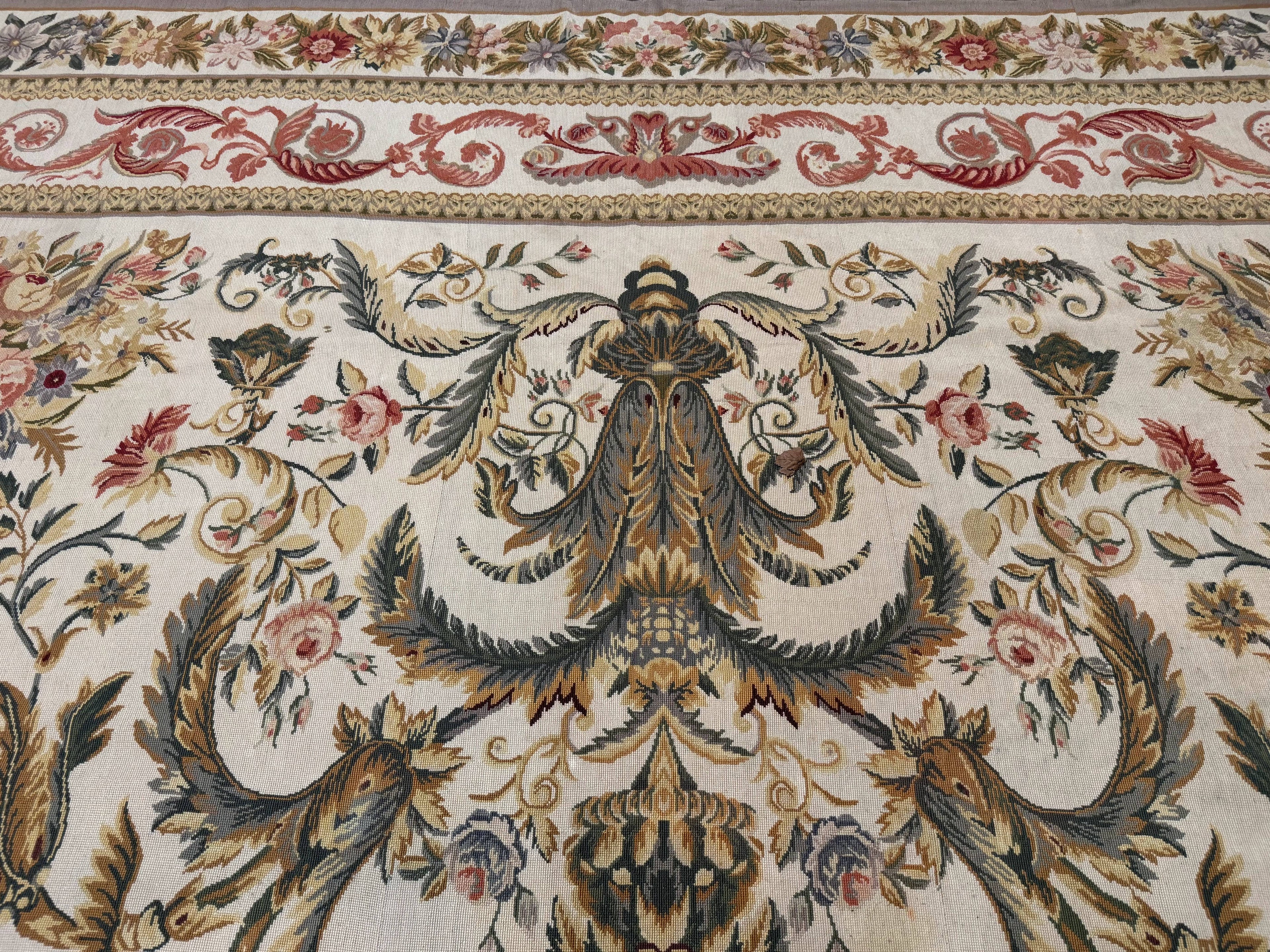 Aubusson Needlepoint Rug 10x14, Elegant European French Carpet, Vintage Carpet