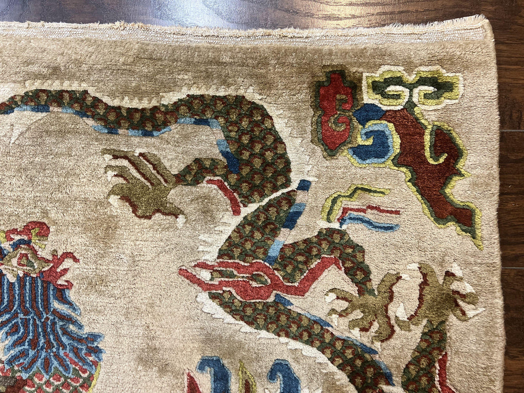 Antique Chinese Peking Rug 3 x 5.6, Dragon Motifs, Handmade Wool Asian Oriental Carpet