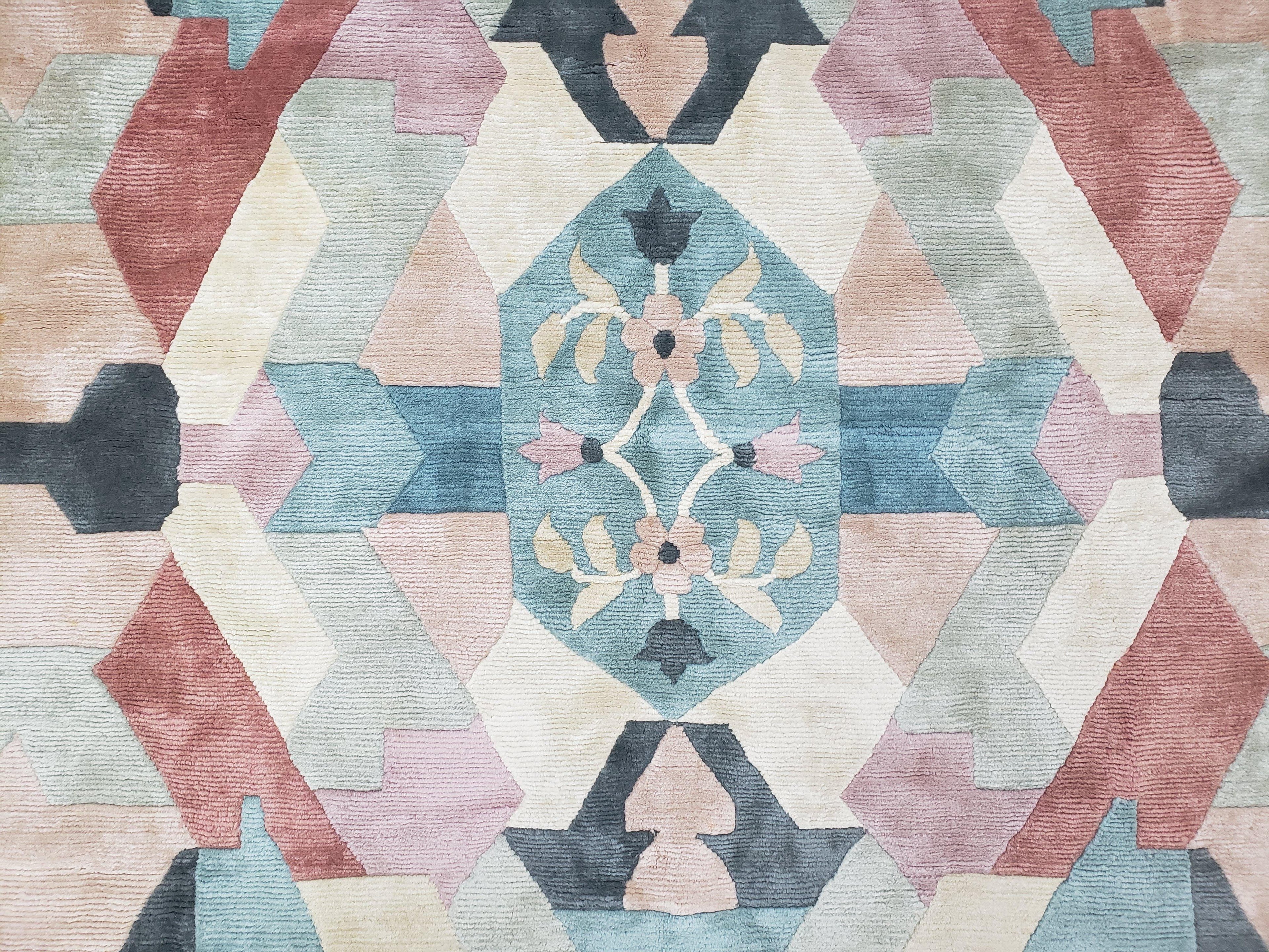 Contemporary Indian Nepalese Area Rug 8x11, Wool Hand-Knotted Modern Multicolor Nepali Abstract Carpet 8 x 11 Soft Playroom Nursery Room Rug