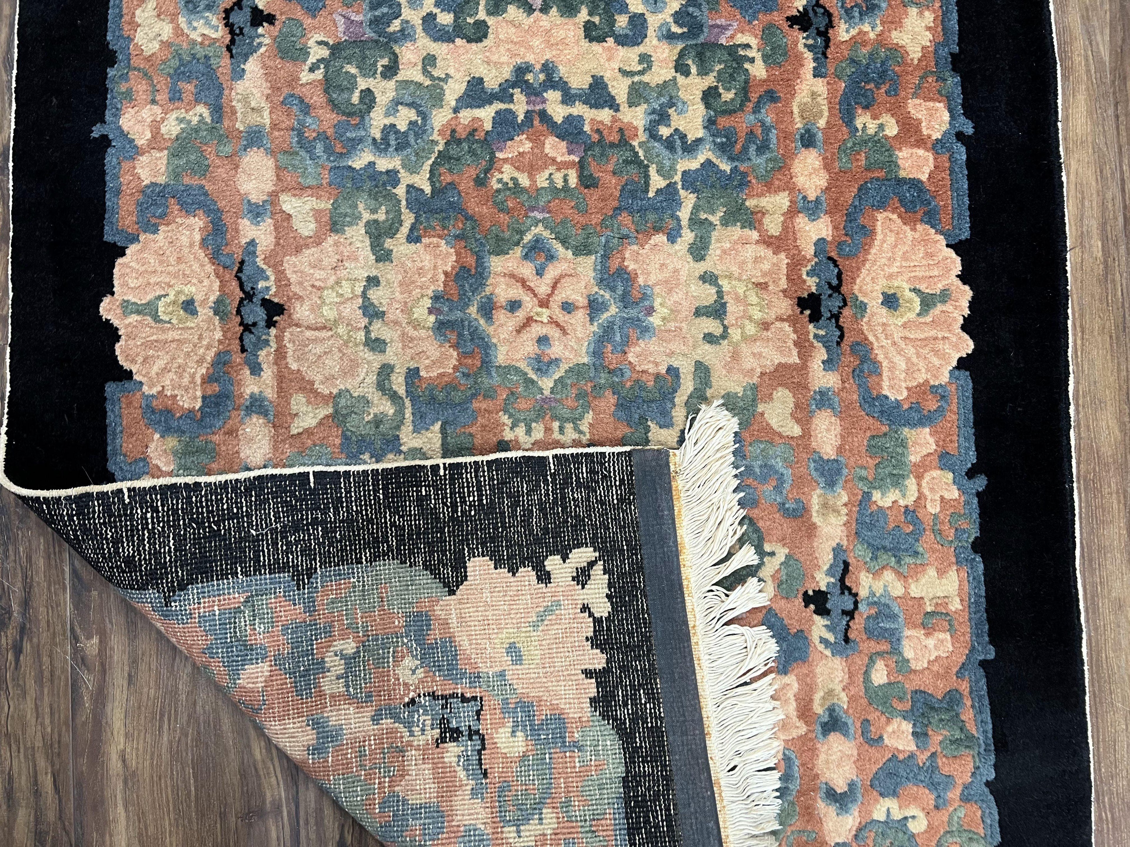 Chinese Art Deco Rug 3x5, Black and Beige Chinese Carpet 3 x 5, Vintage Rug, 1950s Rug, Floral Rug, Handmade Rug, Art Deco Rug, Wool Rug