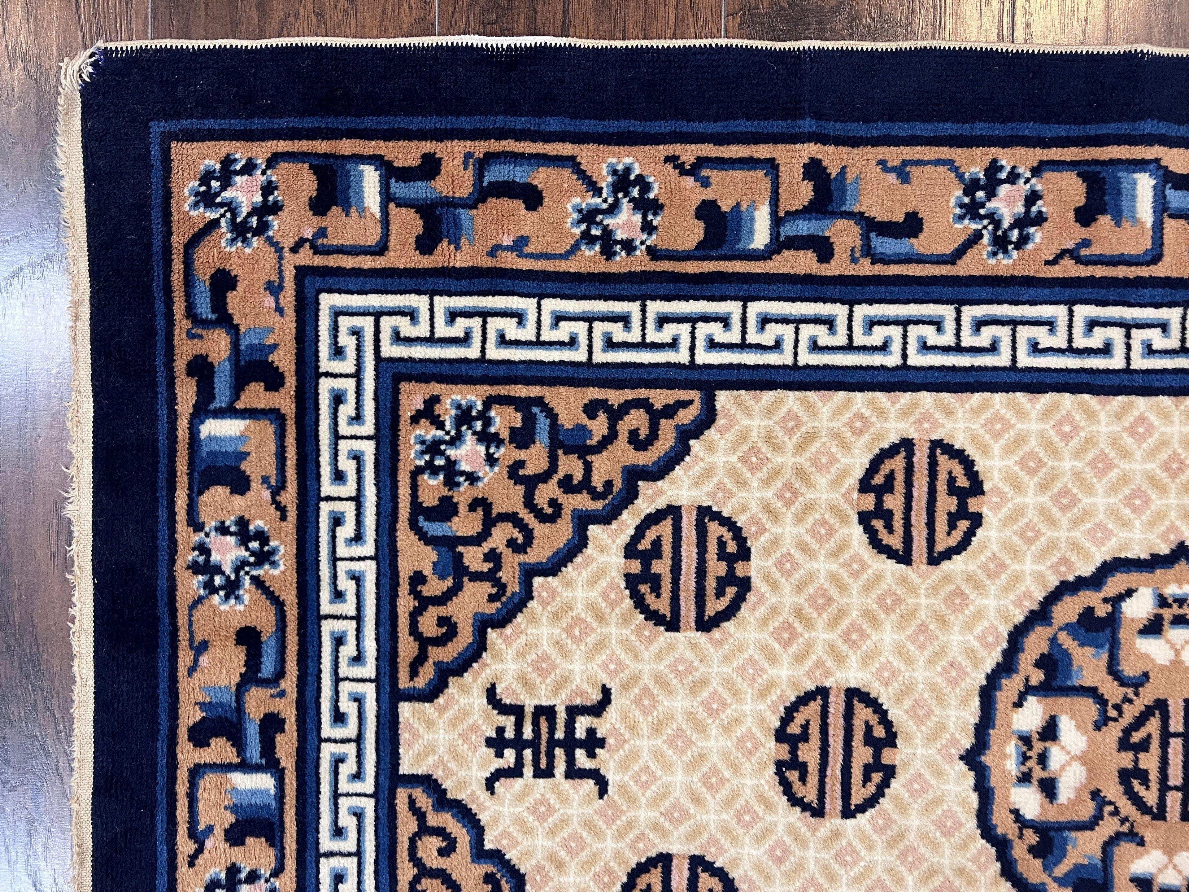 Chinese Peking Rug 3x5, Antique Chinese Art Deco Carpet, Blue Ivory Tan, Hand Knotted Wool Asian Oriental Rug 3 x 5 Vintage Small Peking Rug