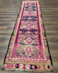 Turkish Runner Rug 3x10, Pink and Navy Blue, Bohemian Runner for Hallway or Kitchen, Vintage, Geometric, Tribal