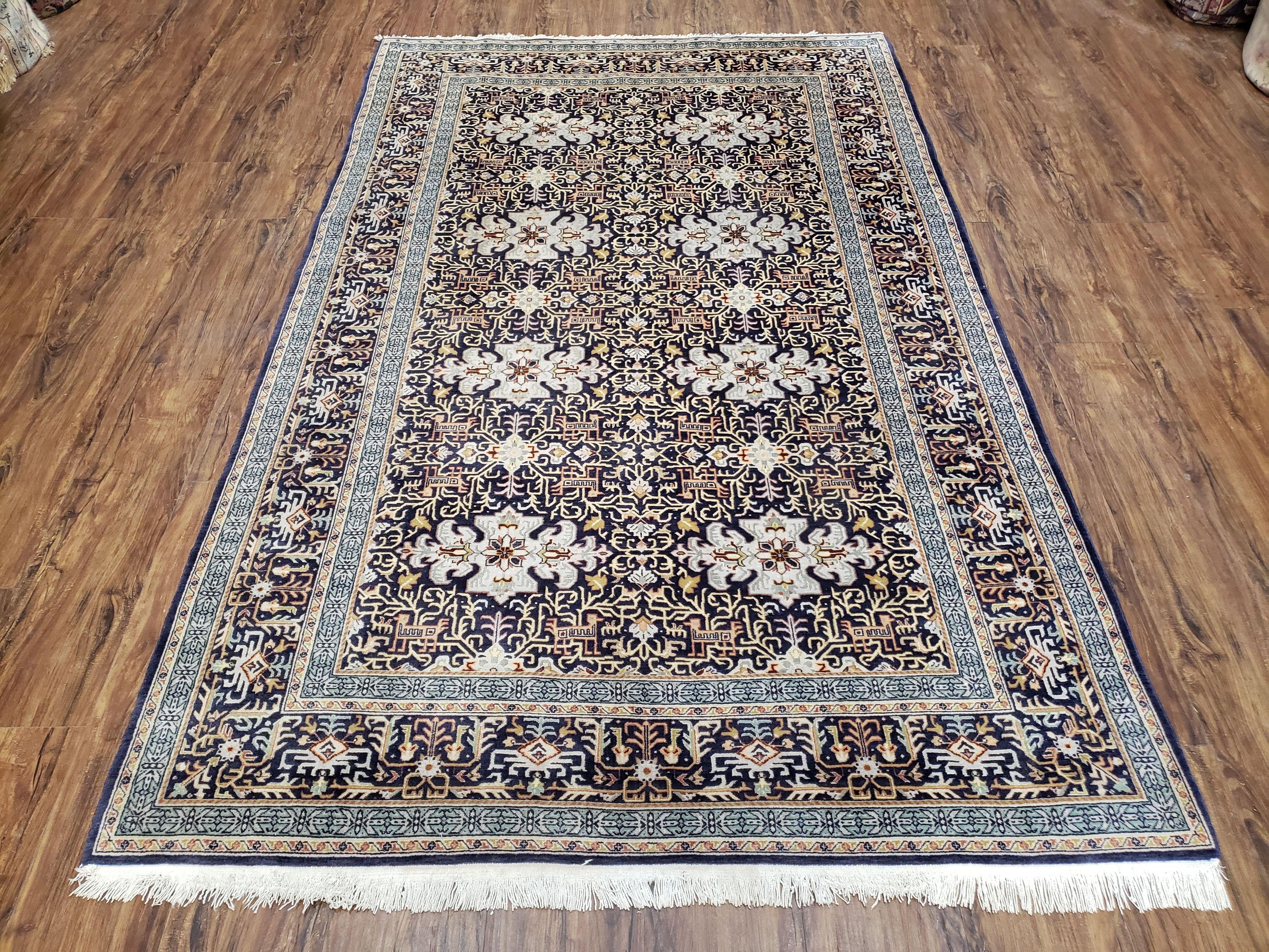 Persian Kashan Rug, Navy Blue, Hand-Knotted, Wool, 4' 8" x 7' 4", Pair A