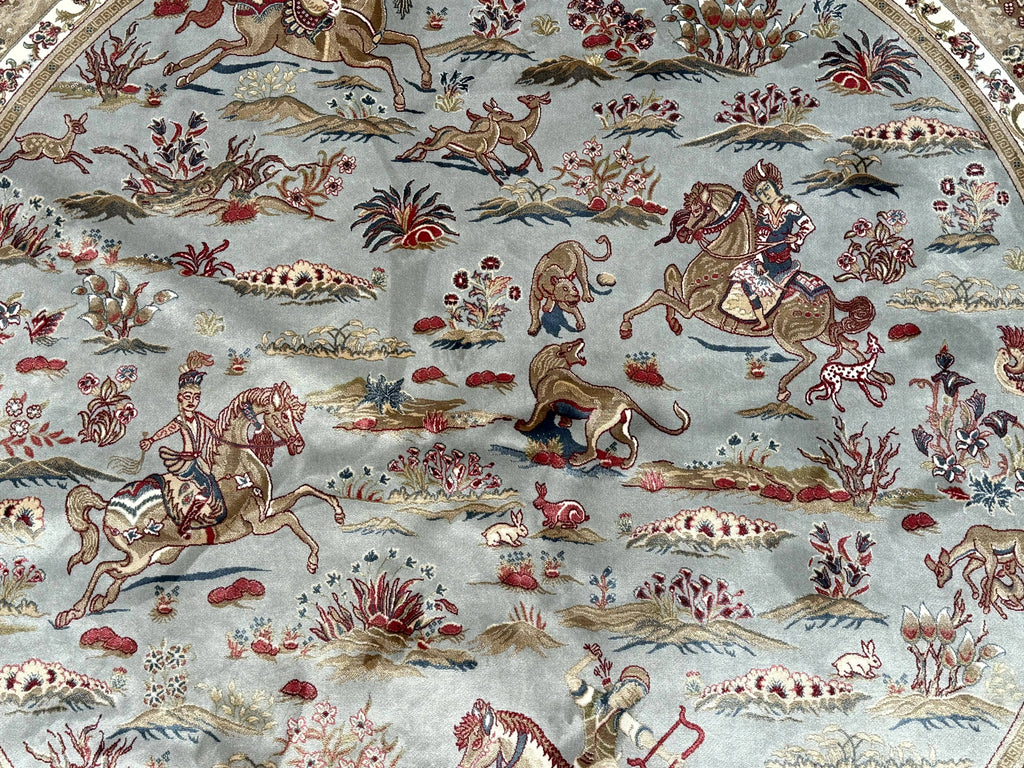 Round Silk Rug 6x6, Hunting Design, Bamboo Silk, Animal Pictorials